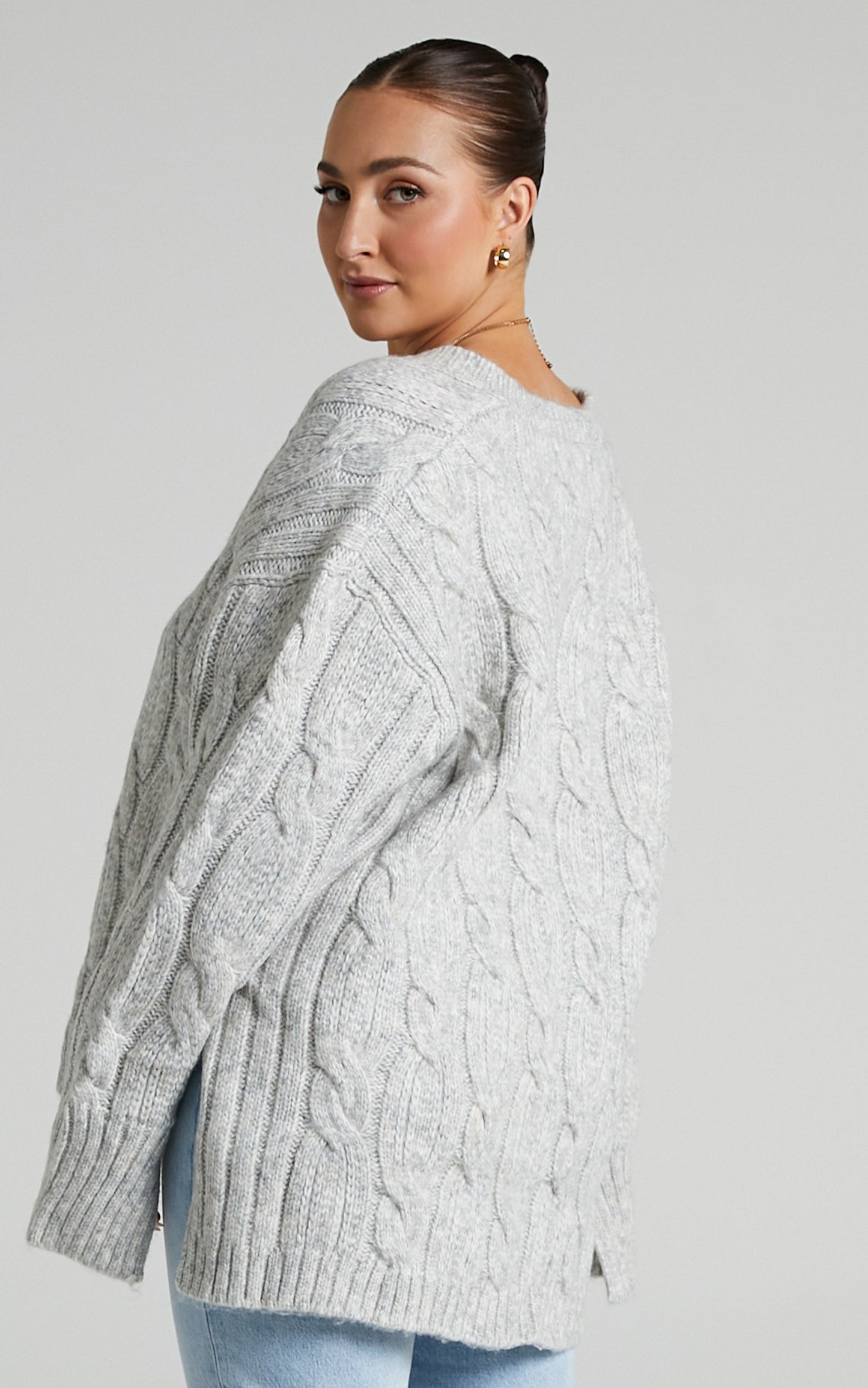 Josie Jumper - V Neck Oversized Cable Knit Jumper in Grey Marle