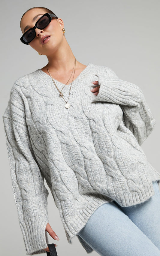 Josie Jumper - V Neck Oversized Cable Knit Jumper in Grey Marle