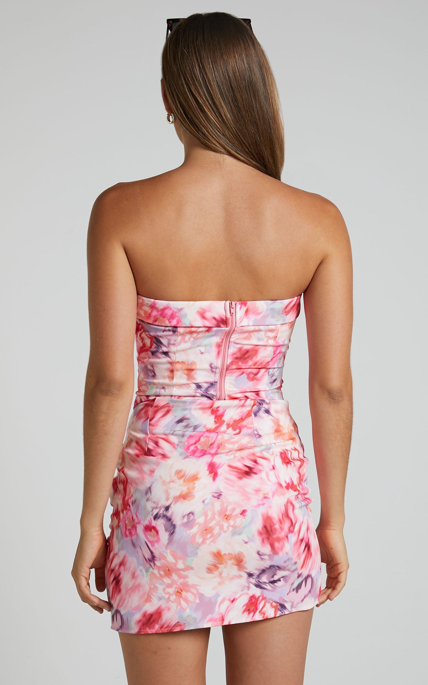 Ovanette Two Piece Set - Strapless Corset Top and Mini Skirt Two Piece Set in Blur Floral