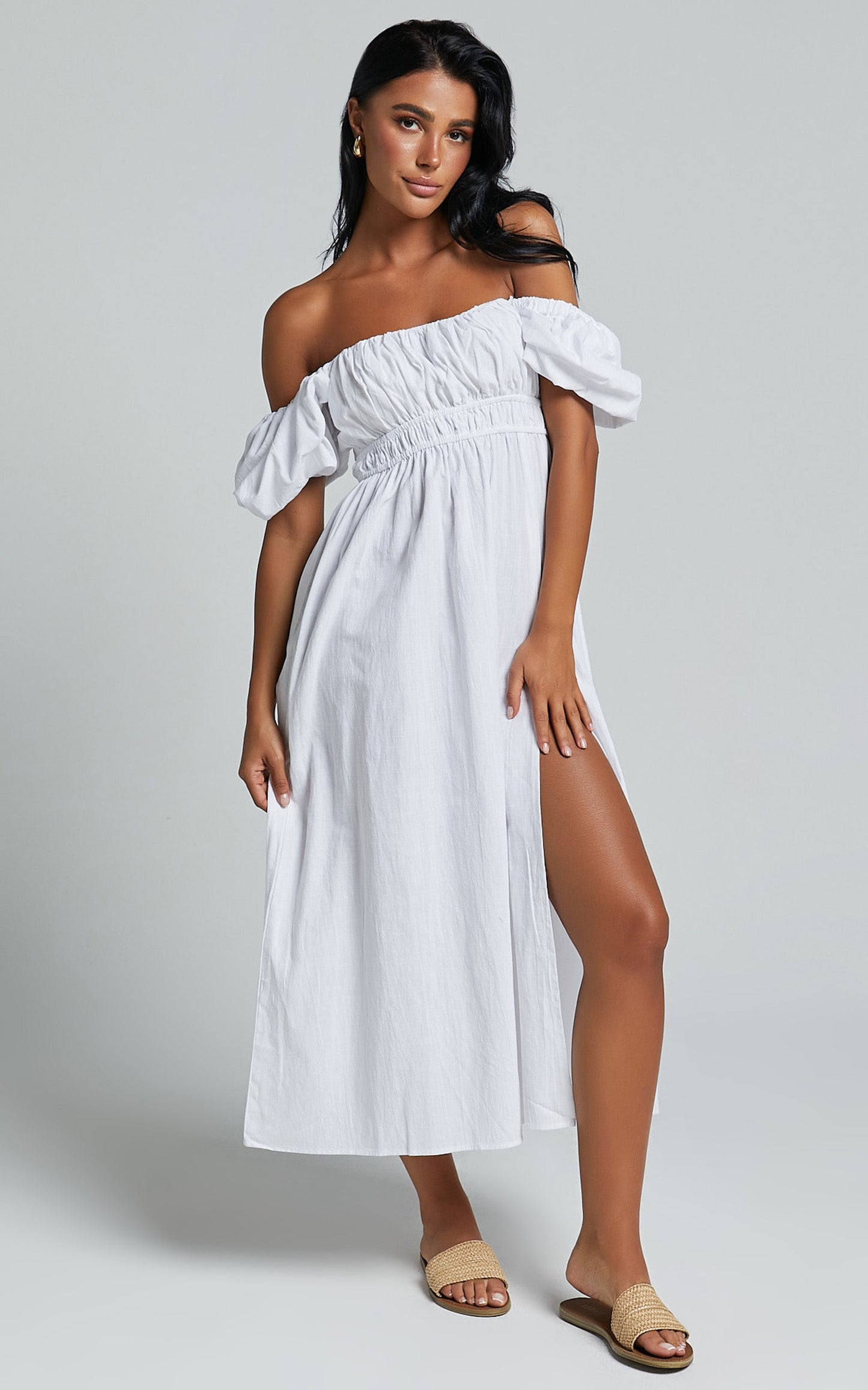 Jovanie Midi Dress - Square Neck Short Puff Sleeve Elasticated Waist Thigh Split Dress in White