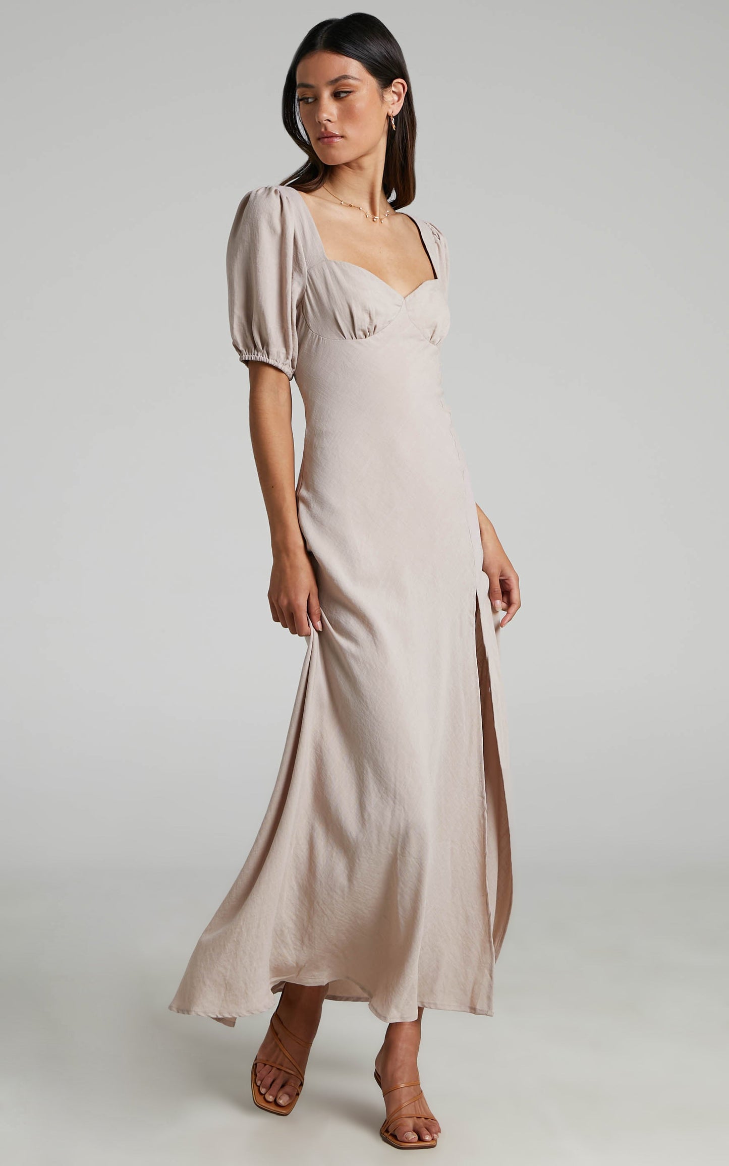 Jovita Midi Dress - Short Sleeve Cut Out Back Dress in Sand