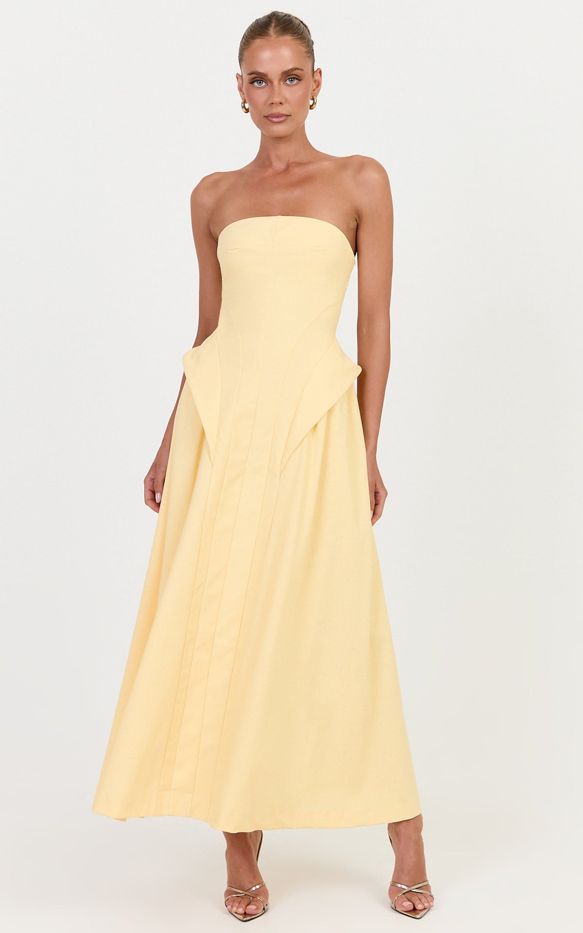 Joy Maxi Dress - Strapless Structured Dress With Gathered Hip Detail in Lemon