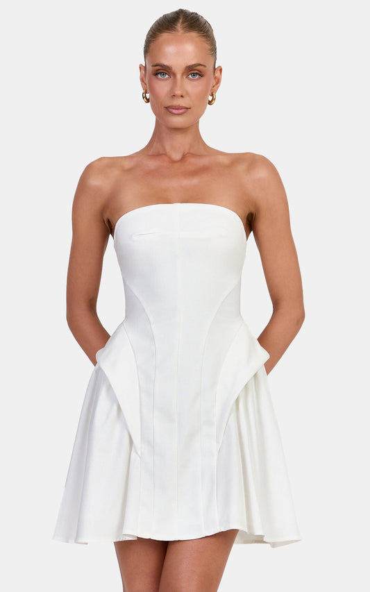 Joy Mini Dress - Strapless Structured Dress With Gathered Hip Detail in White