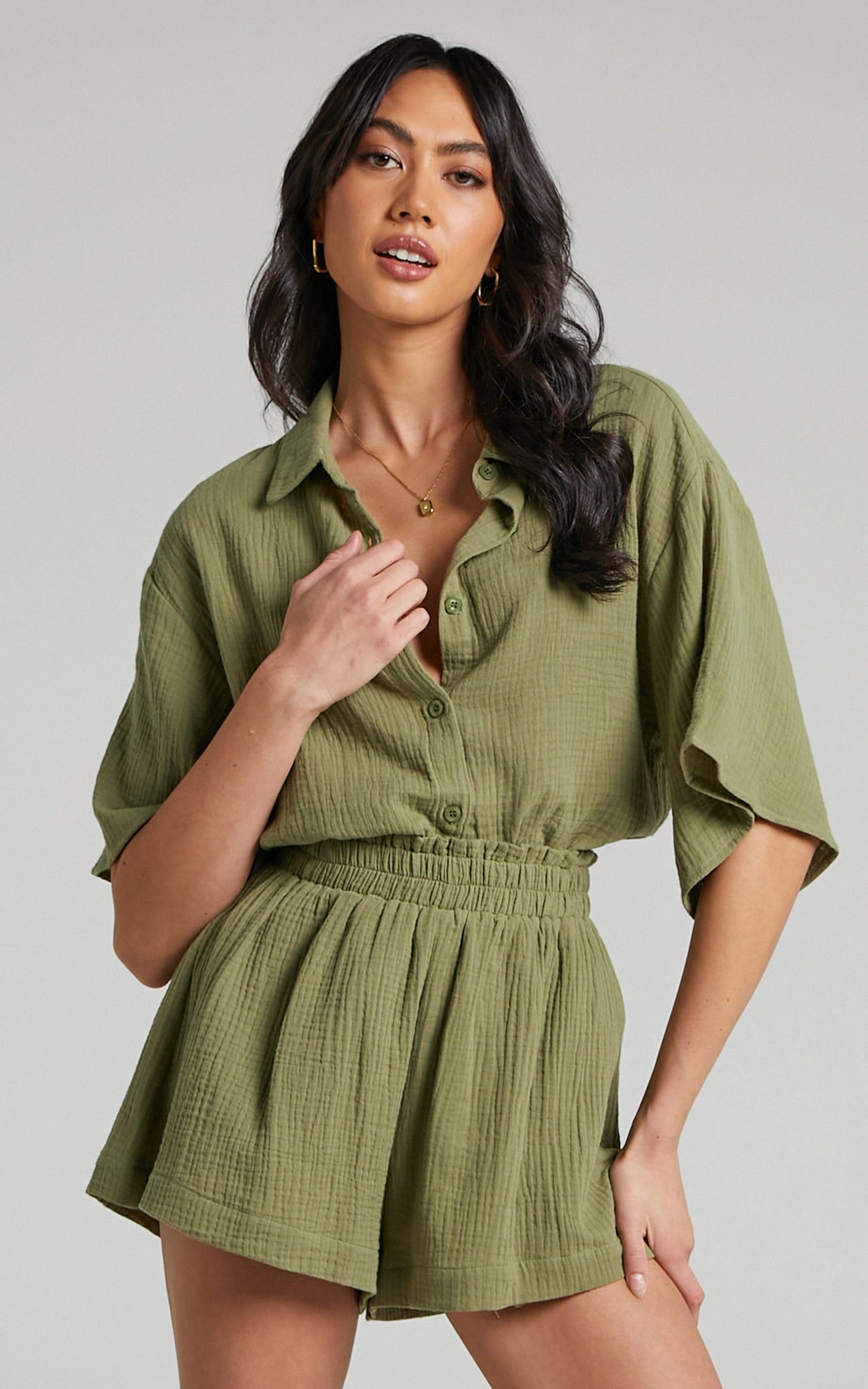 Joyce Muslin Shorts - Elasticated High Waisted Soft Shorts in Khaki