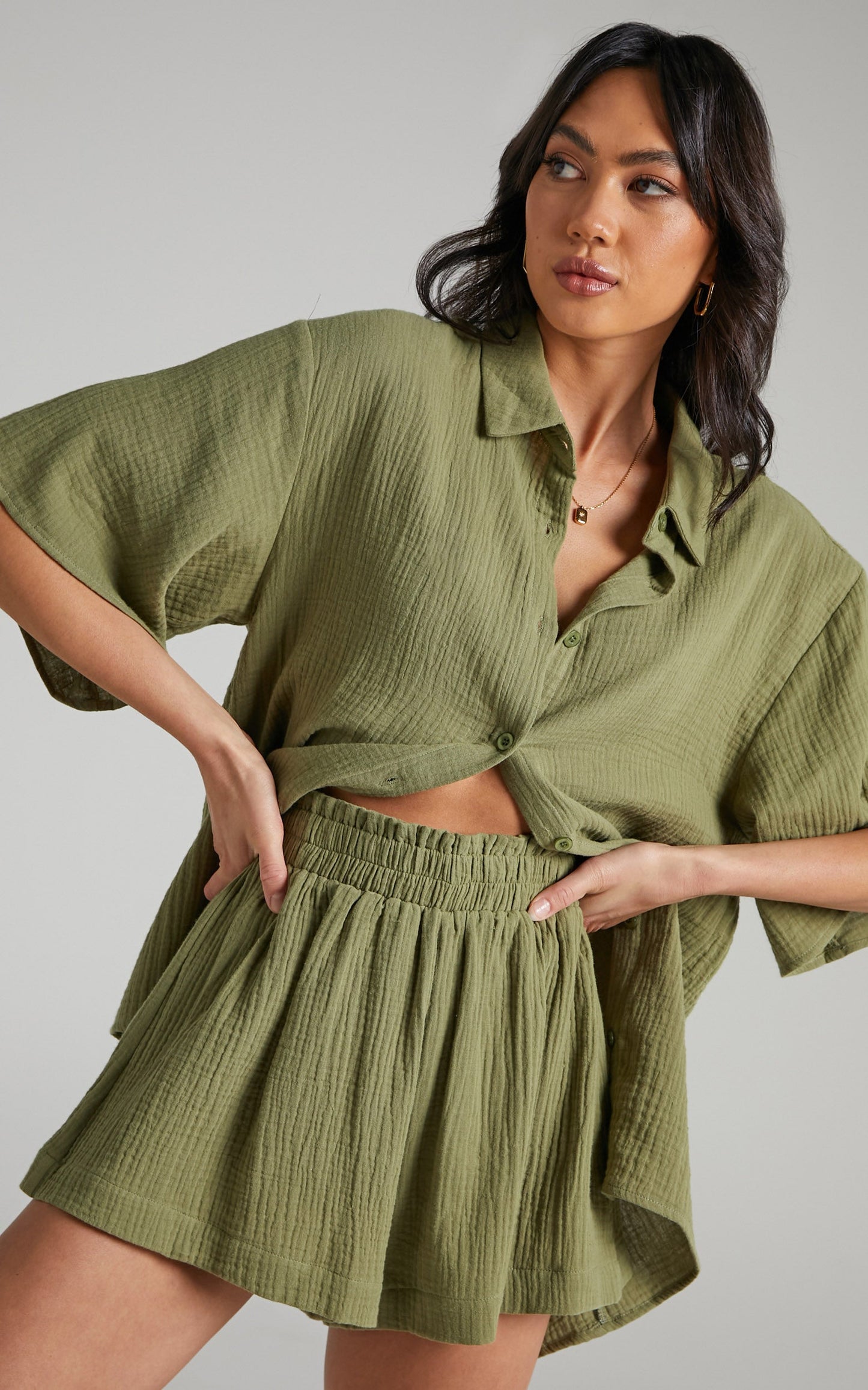 Joyce Muslin Shorts - Elasticated High Waisted Soft Shorts in Khaki