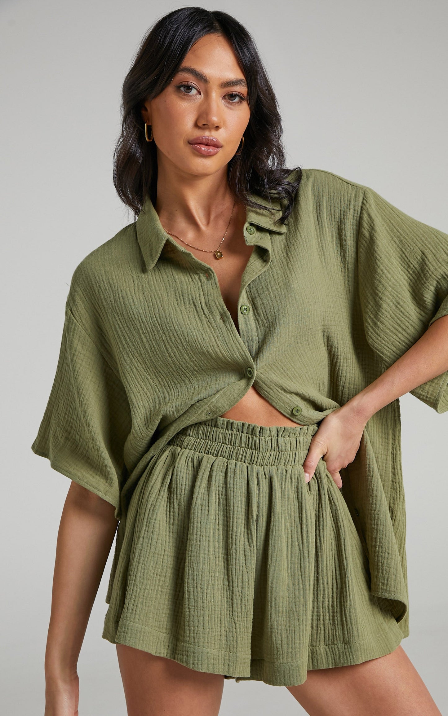 Joyce Muslin Shorts - Elasticated High Waisted Soft Shorts in Khaki