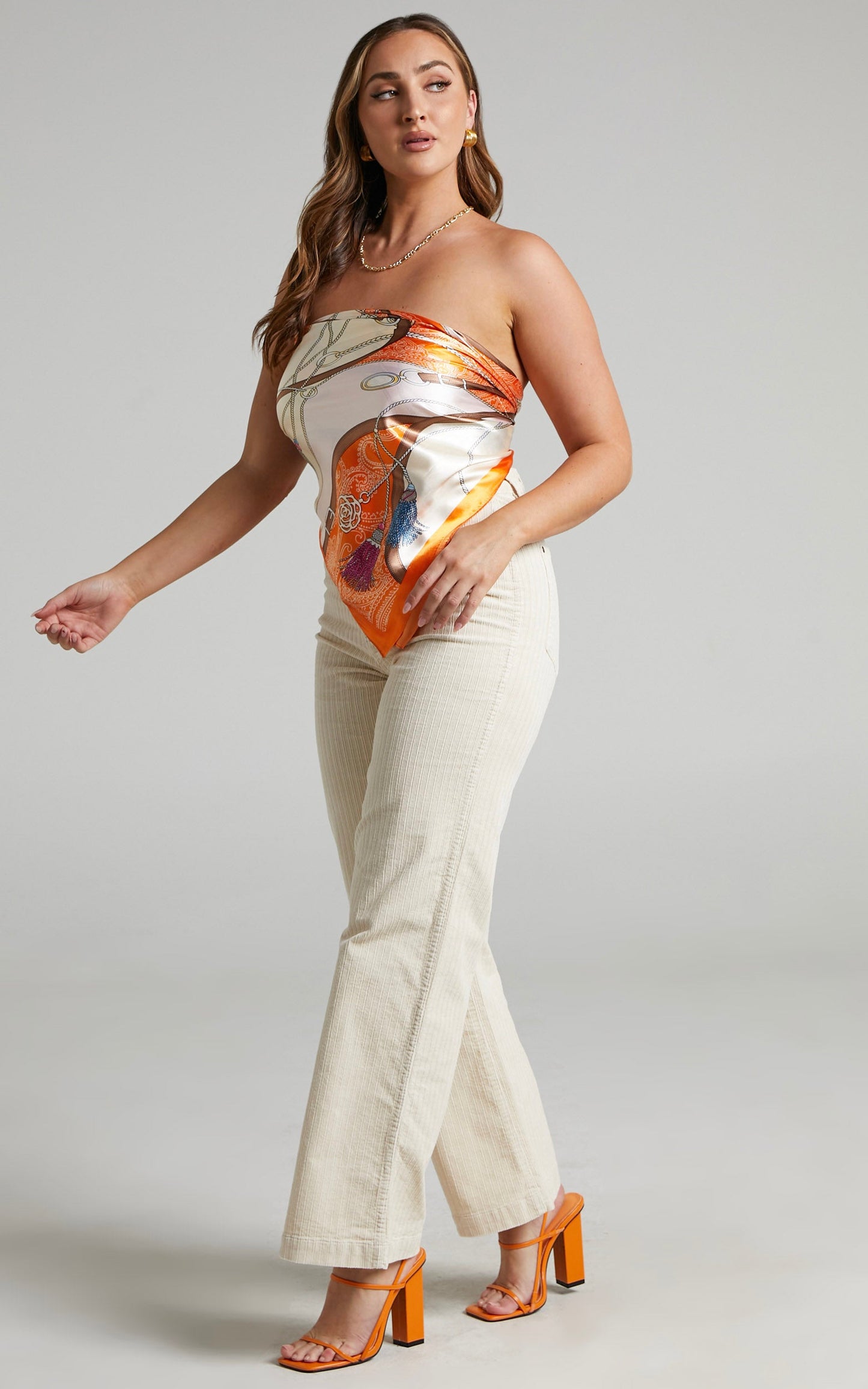 Joyvee Satin Print Multi Tie Scarf in Orange