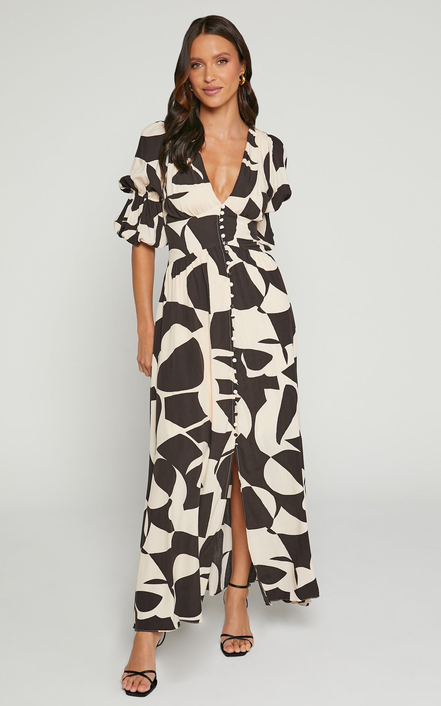 Jubeth Midi Dress - Deep V Neck Puff Sleeve Dress in Black & Cream Geo