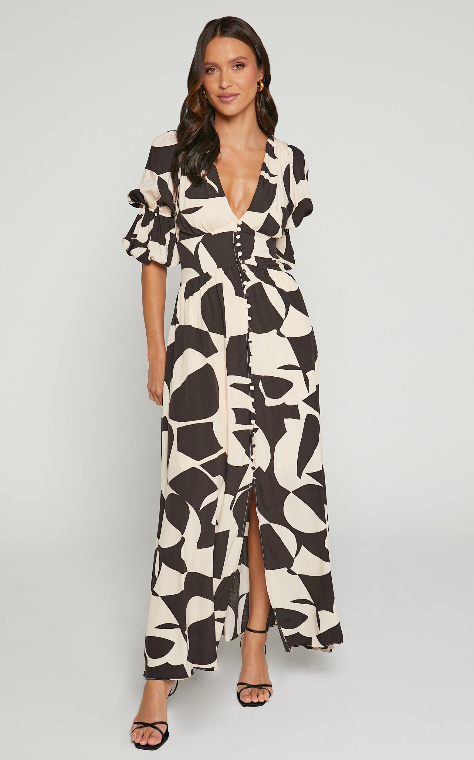 Jubeth Midi Dress - Deep V Neck Puff Sleeve Dress in Black & Cream Geo
