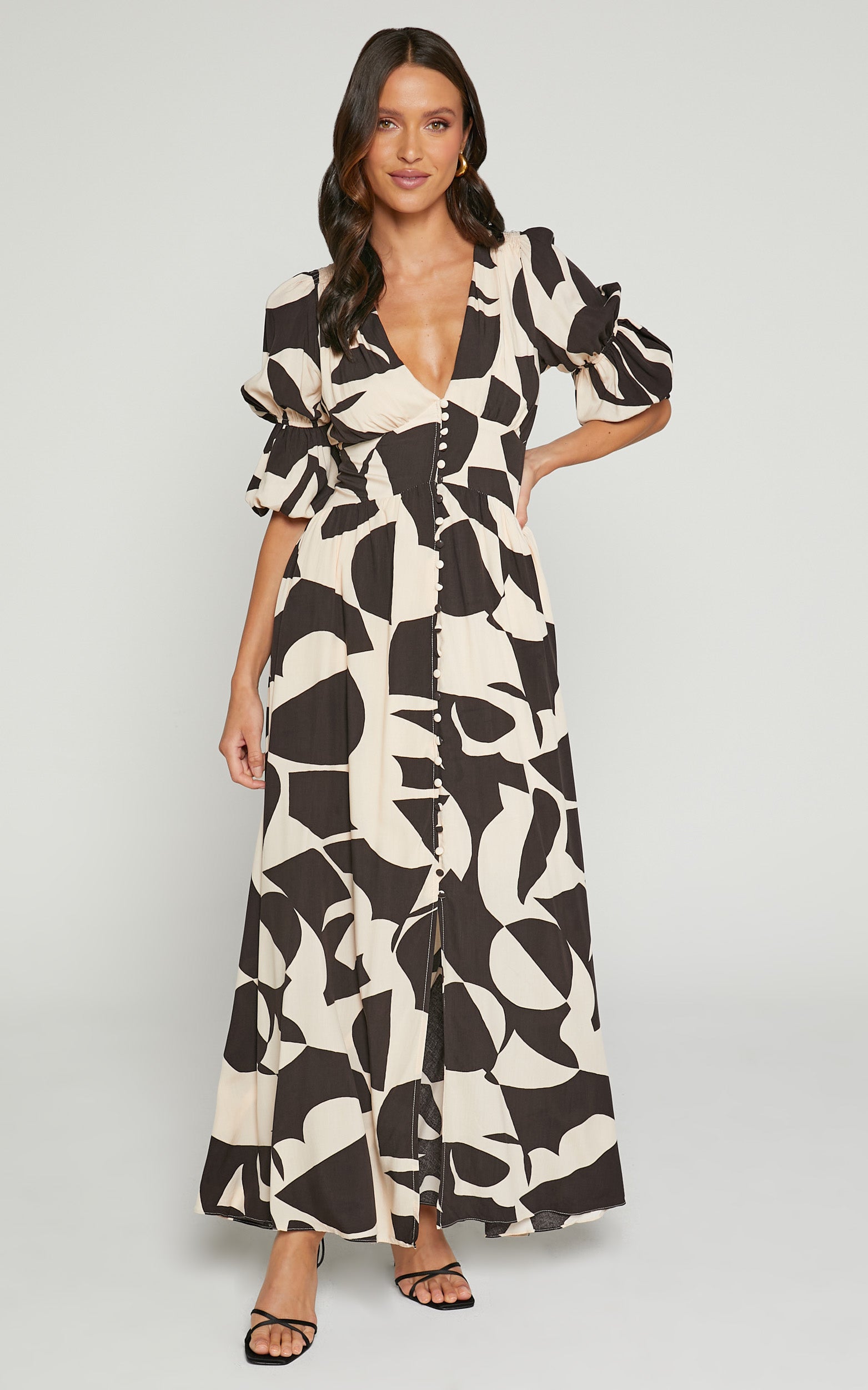 Jubeth Midi Dress - Deep V Neck Puff Sleeve Dress in Black & Cream Geo