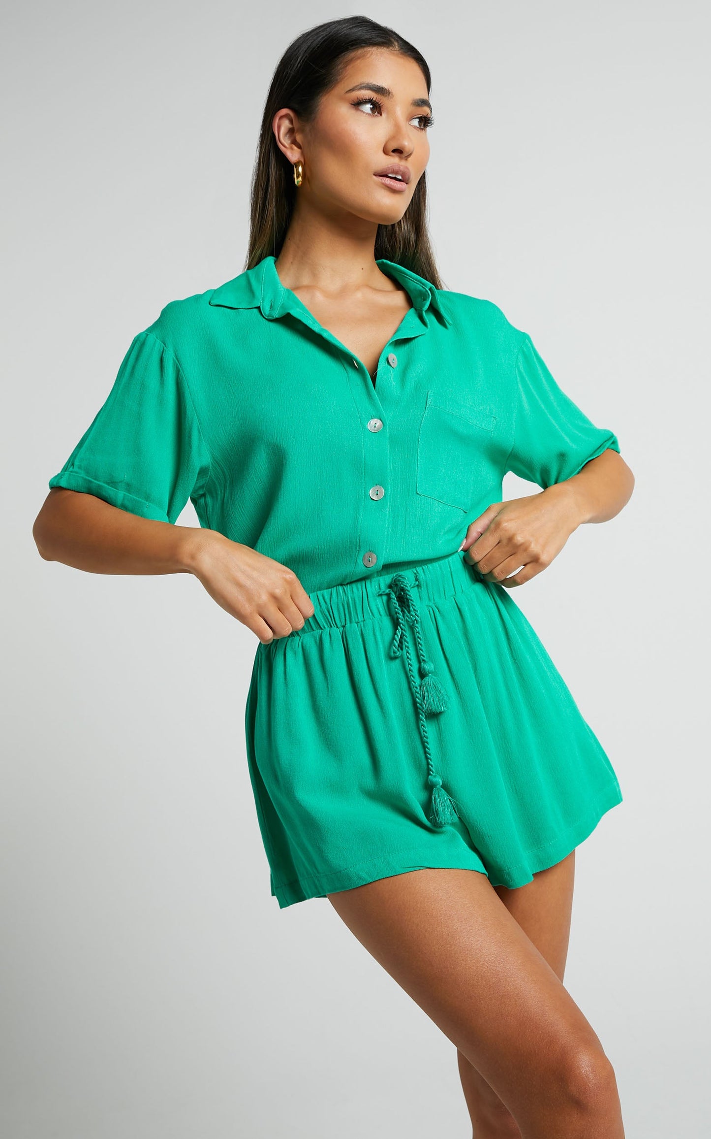 Jubilee Two Piece Set - Button Up Shirt and Shorts Set in Jade