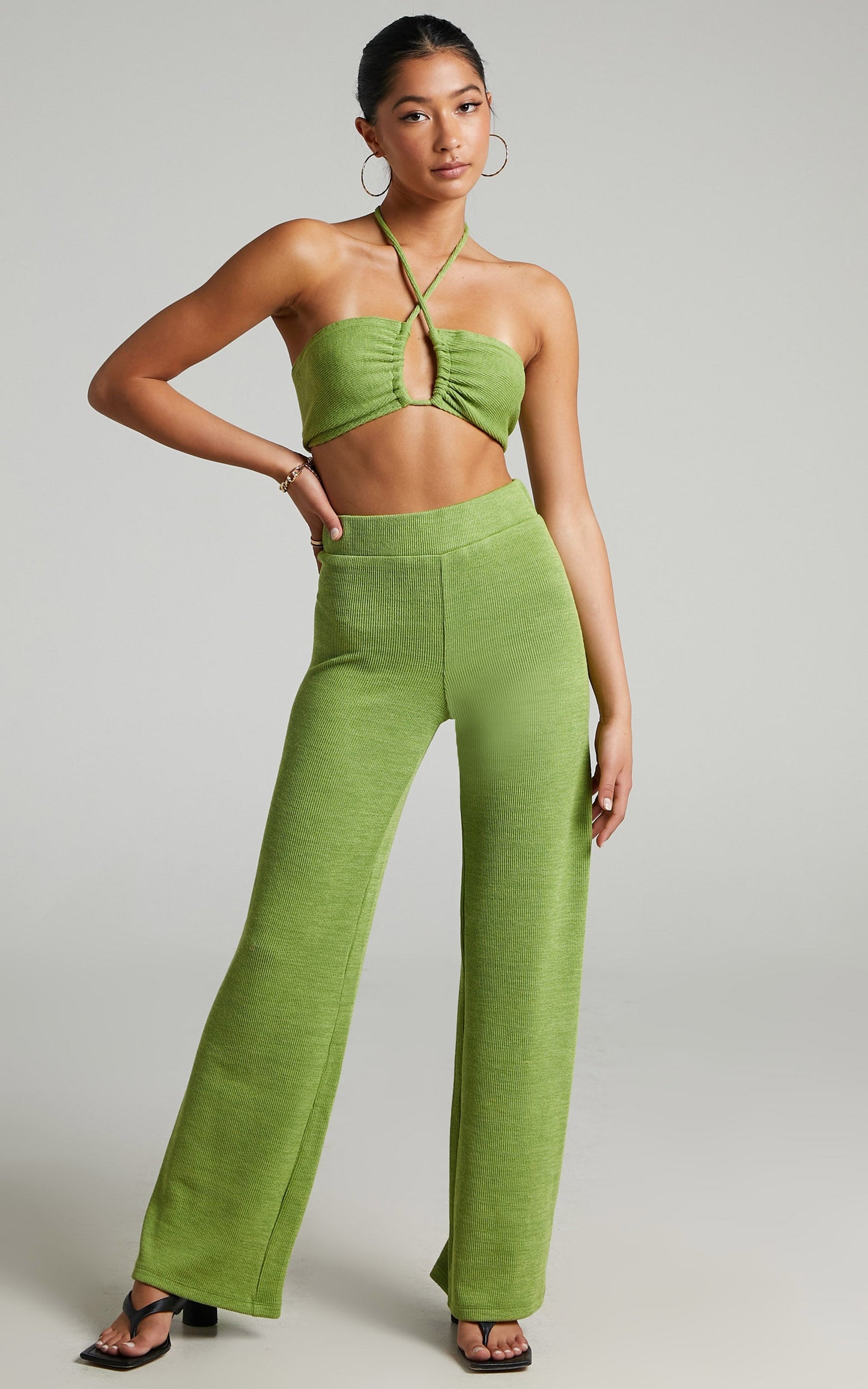 Juliann Knit Two Piece Pant Set with Crop Top in Green