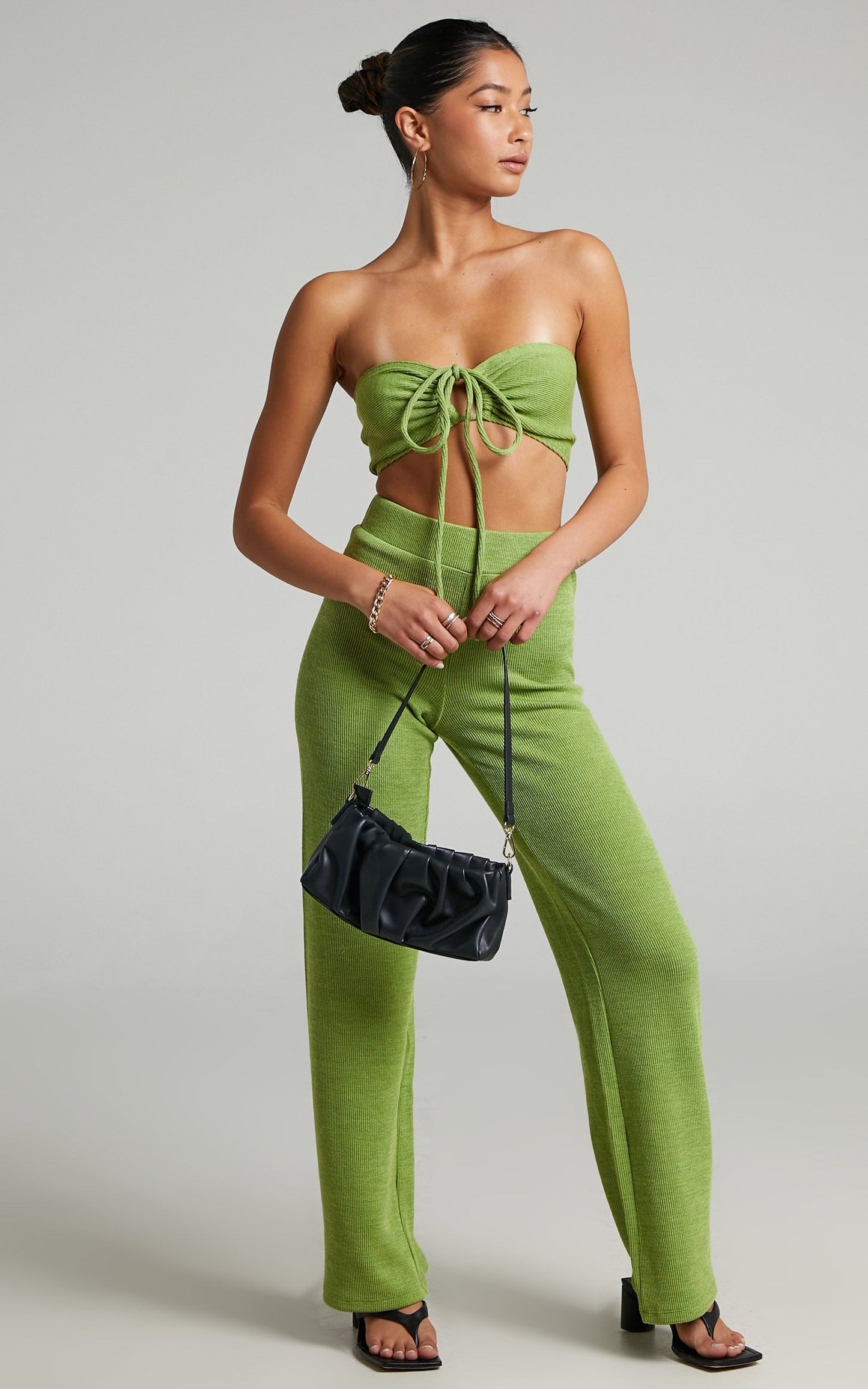 Juliann Knit Two Piece Pant Set with Crop Top in Green