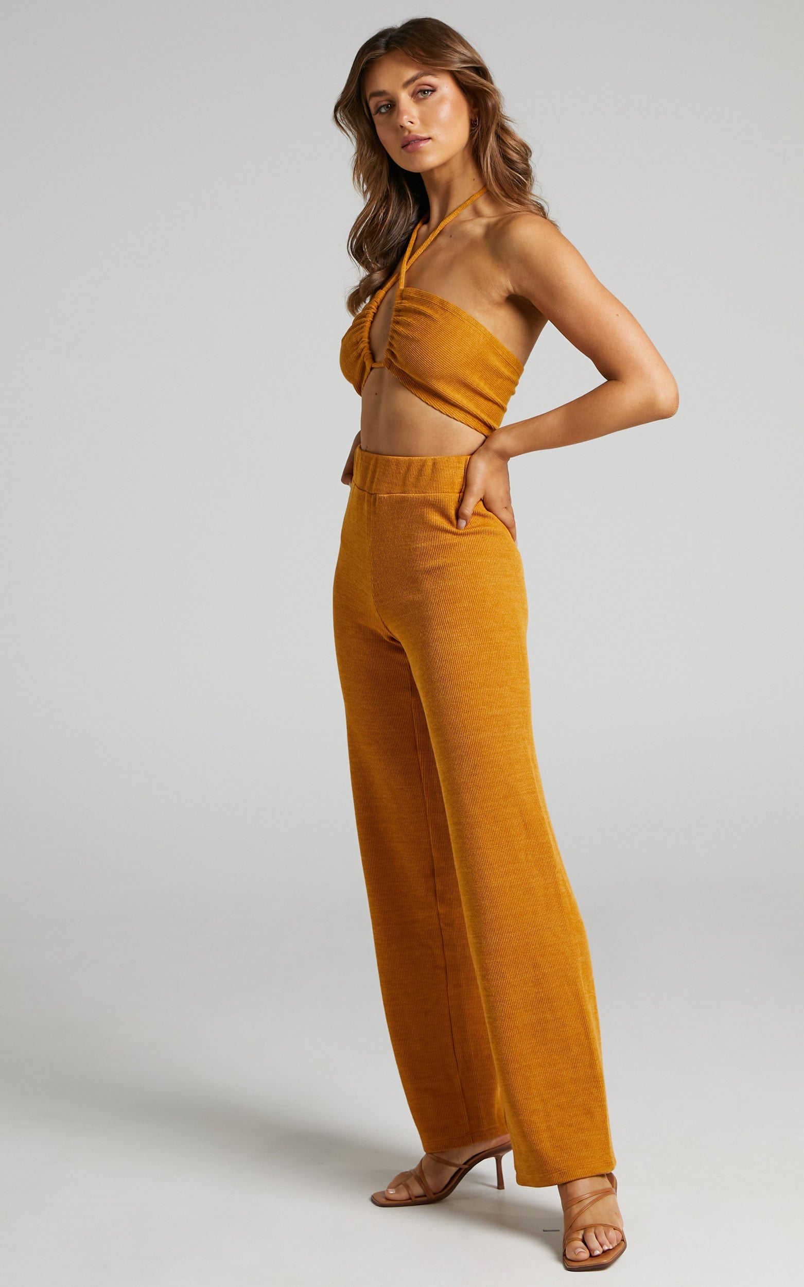 Juliann Knit Two Piece Pant Set with Crop Top in Marigold
