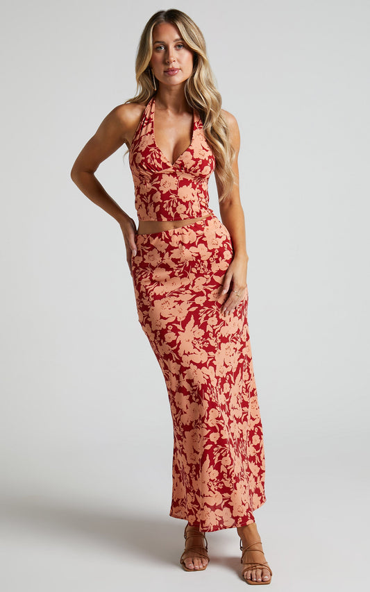 Julietta Two Piece Set - Halter Neck Top and Midi Skirt Set in Wine Floral