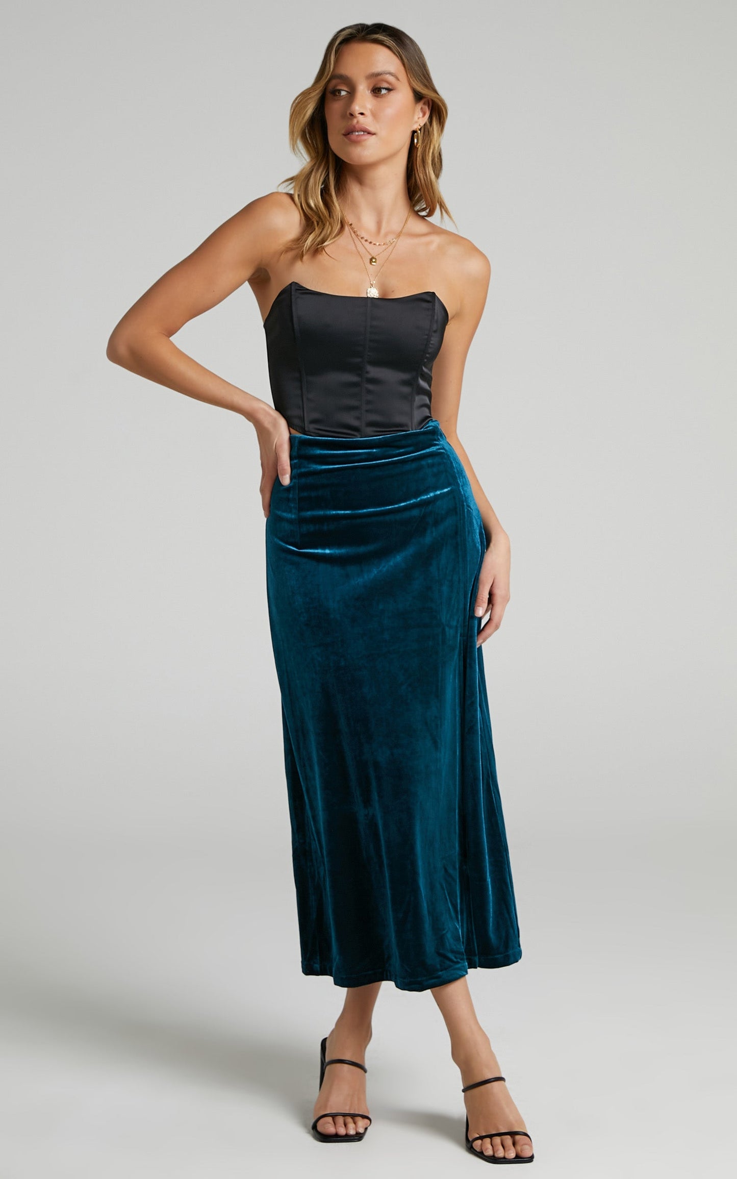 Jullia Midi Split Skirt in Petrol Velvet