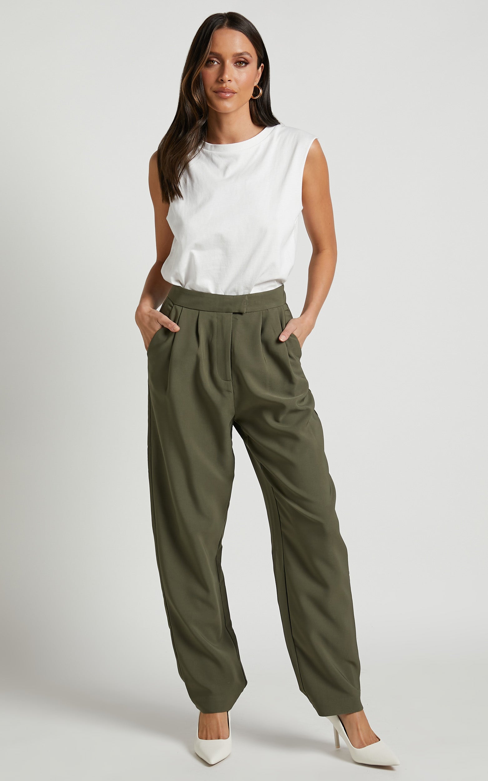 Junice Trousers - Tailored Pleated Elastic Waist Trousers in Khaki