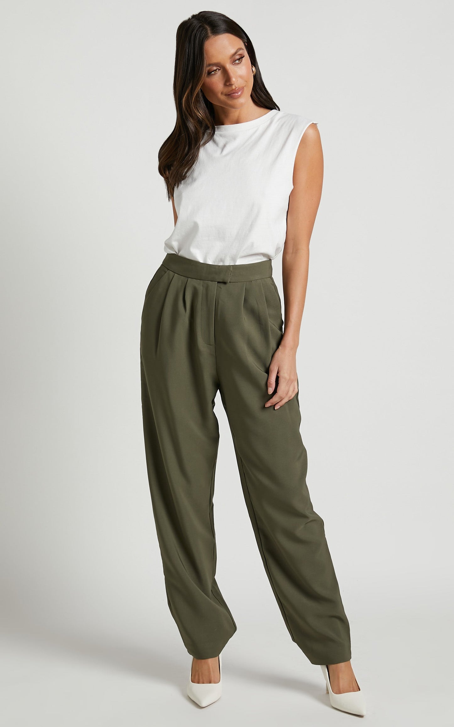 Junice Trousers - Tailored Pleated Elastic Waist Trousers in Khaki