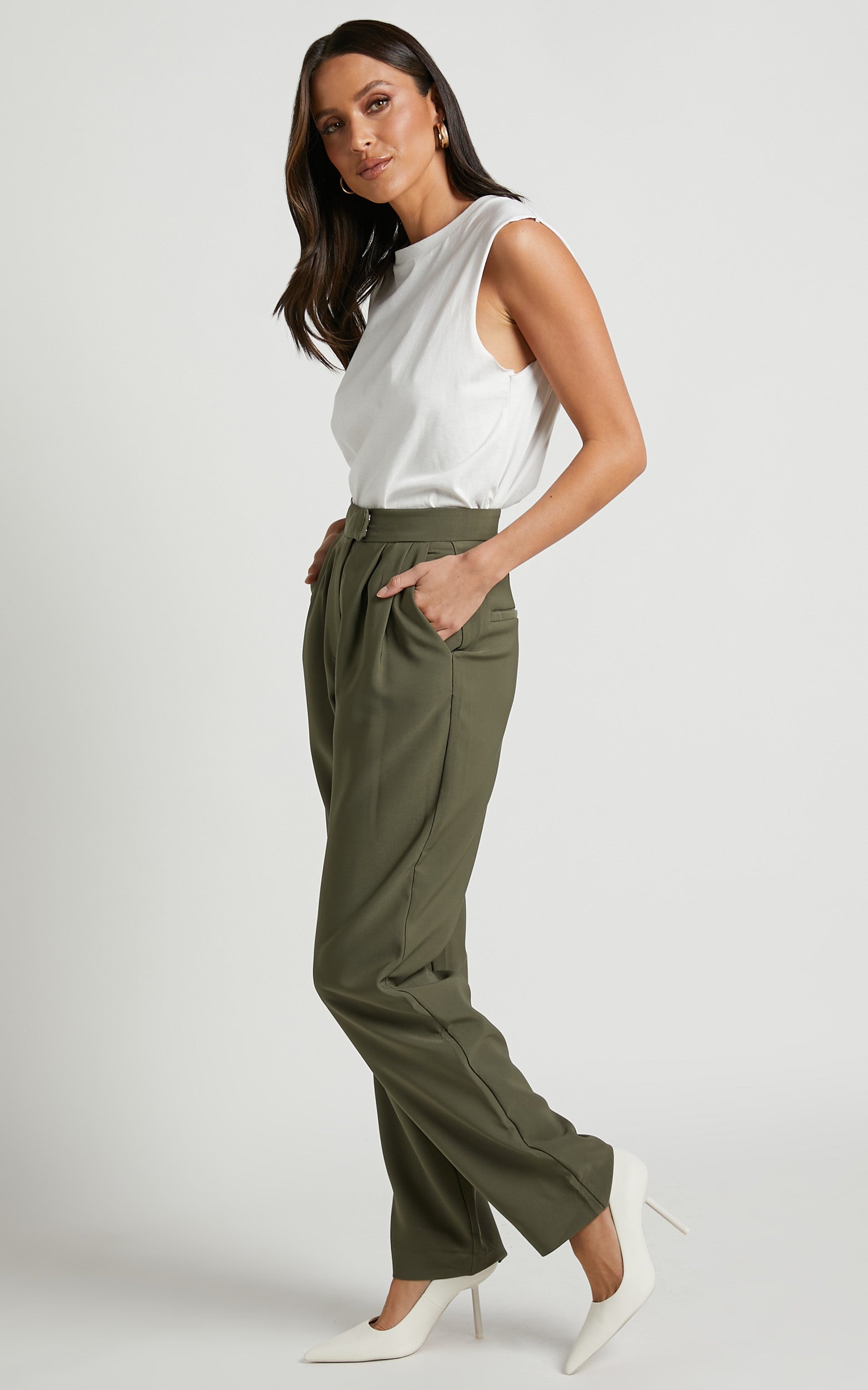 Junice Trousers - Tailored Pleated Elastic Waist Trousers in Khaki