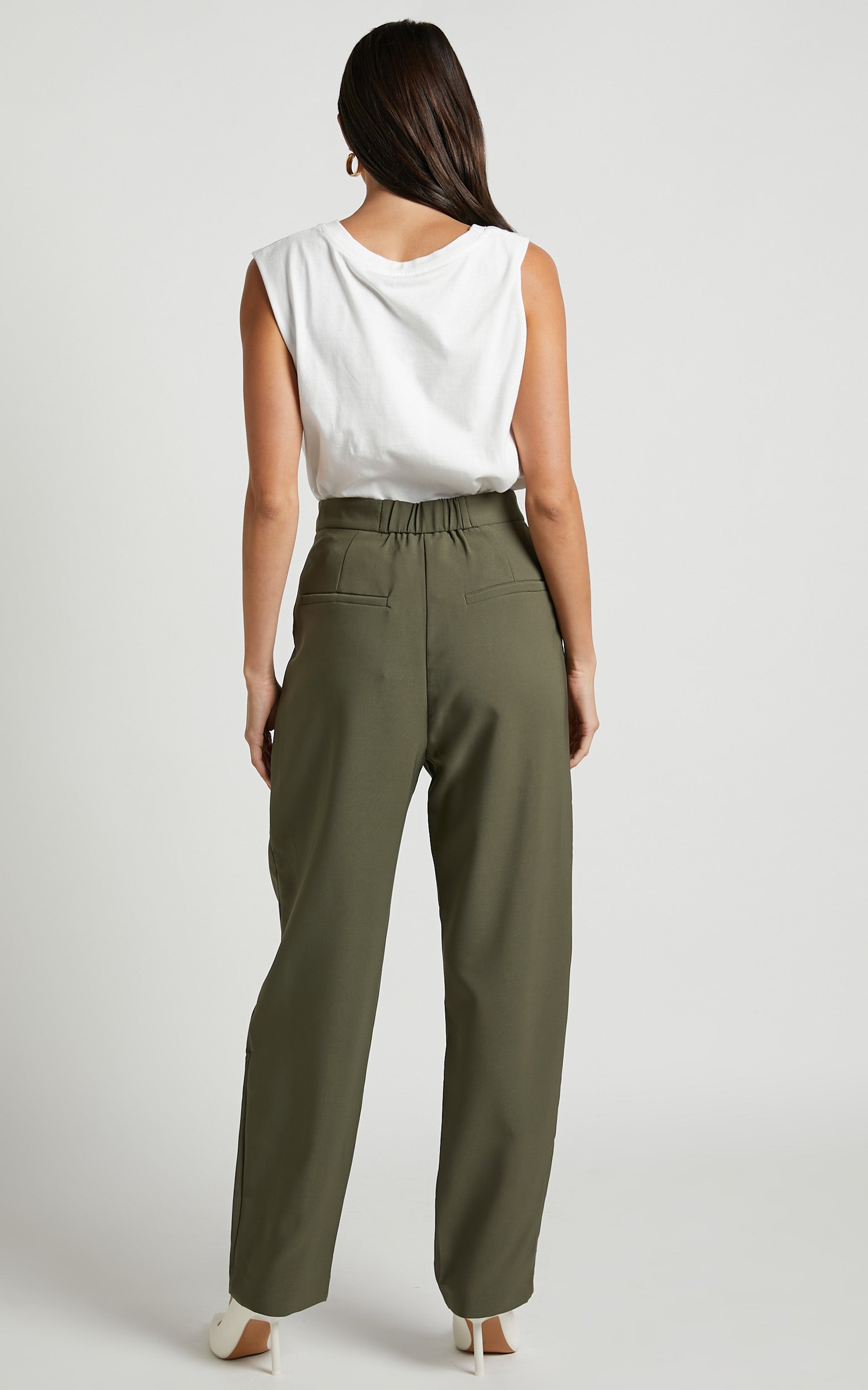Junice Trousers - Tailored Pleated Elastic Waist Trousers in Khaki