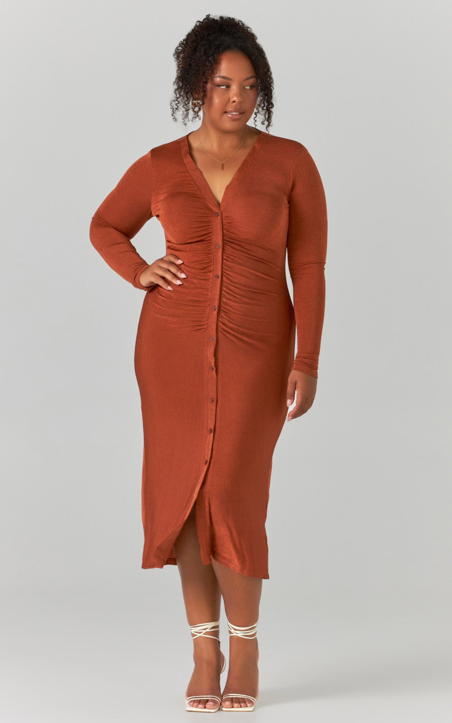Keagan Midi Dress - Ruched Button Front Dress in Rust