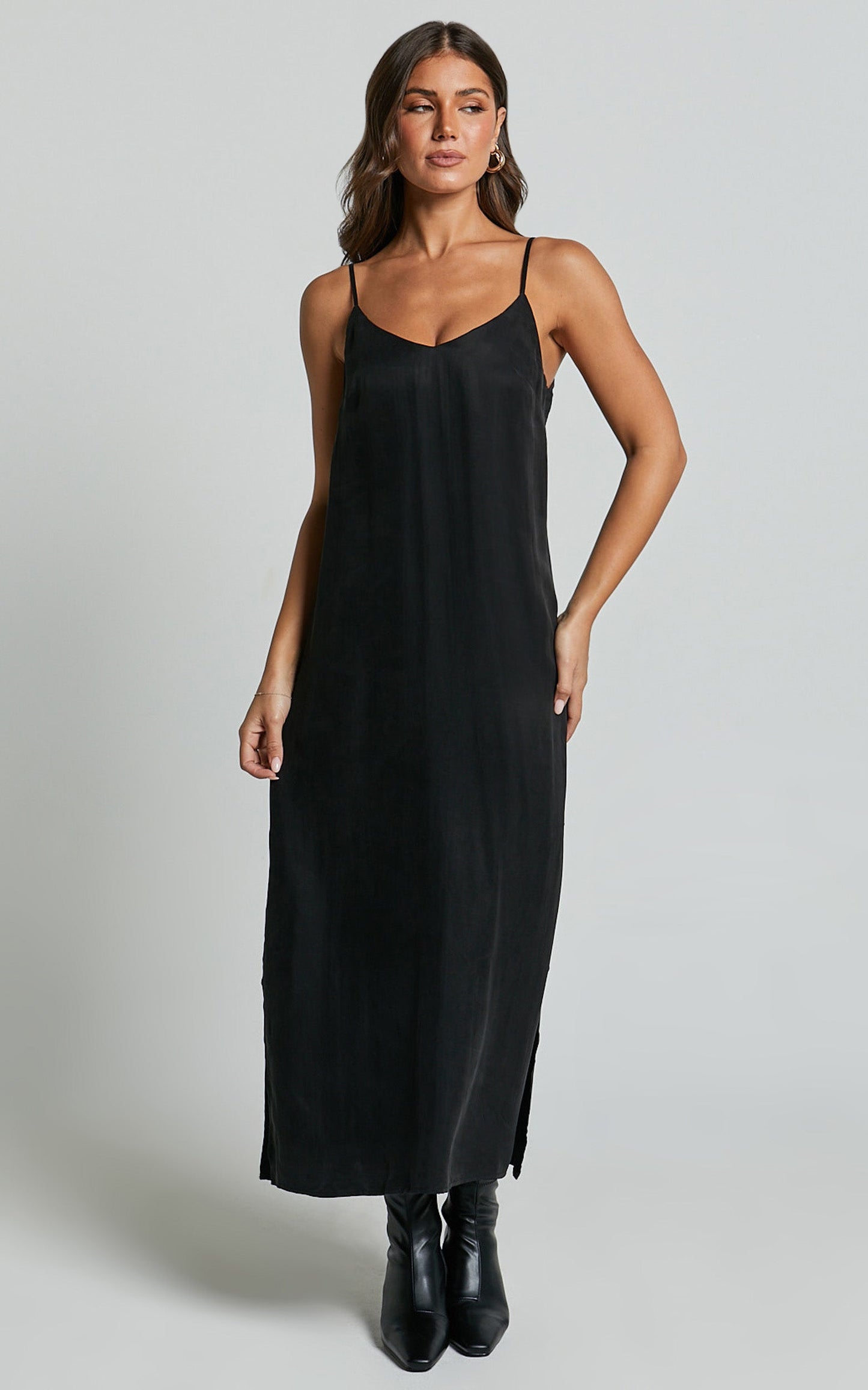 Kaeshia Midi Dress - Strappy V Neck Cupro Slip Dress in Black