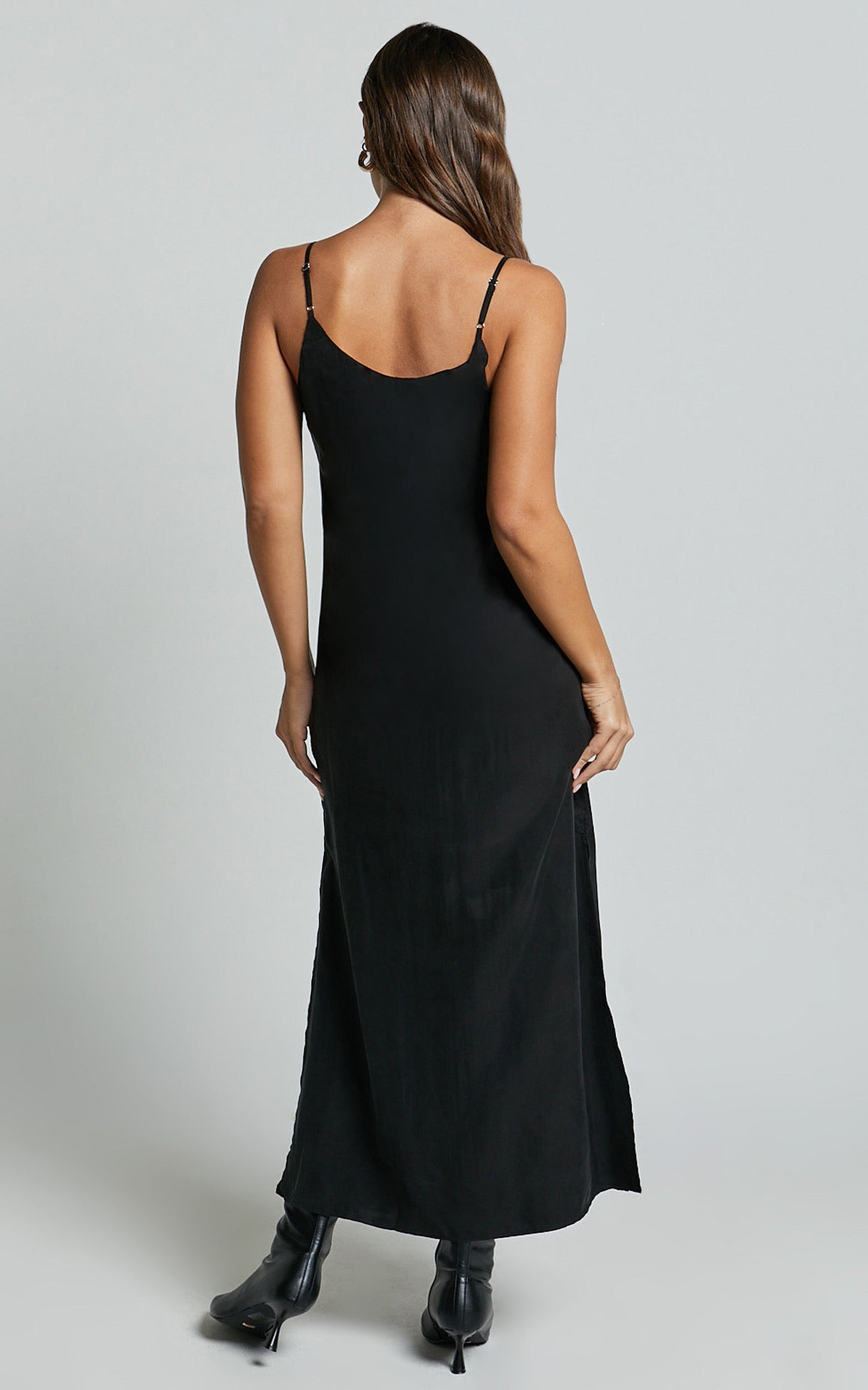 Kaeshia Midi Dress - Strappy V Neck Cupro Slip Dress in Black