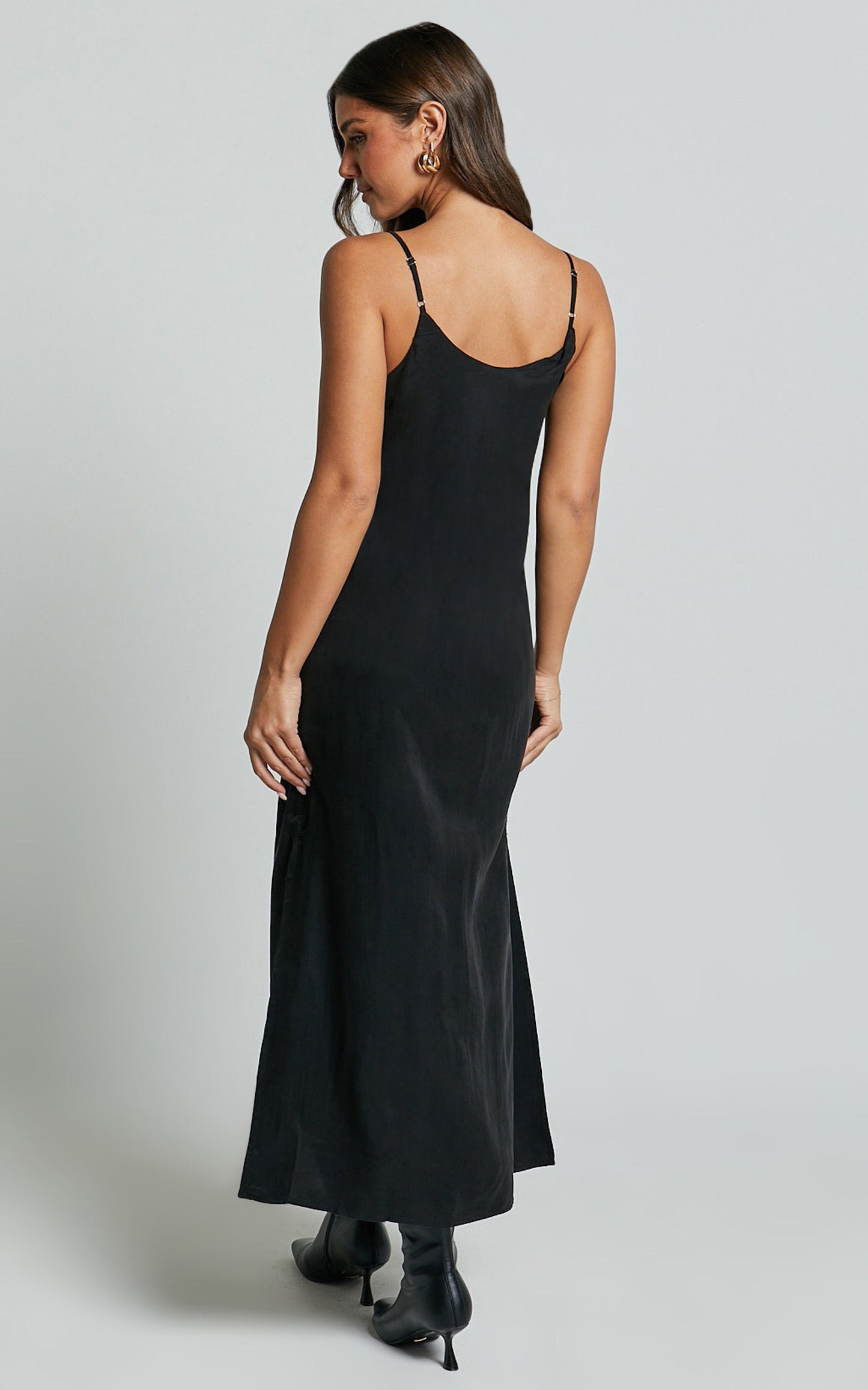 Kaeshia Midi Dress - Strappy V Neck Cupro Slip Dress in Black