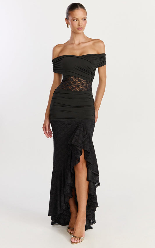 Kaia Maxi Dress - Off Shoulder Long Sleeve Ruffle Hem Lace Dress in Black