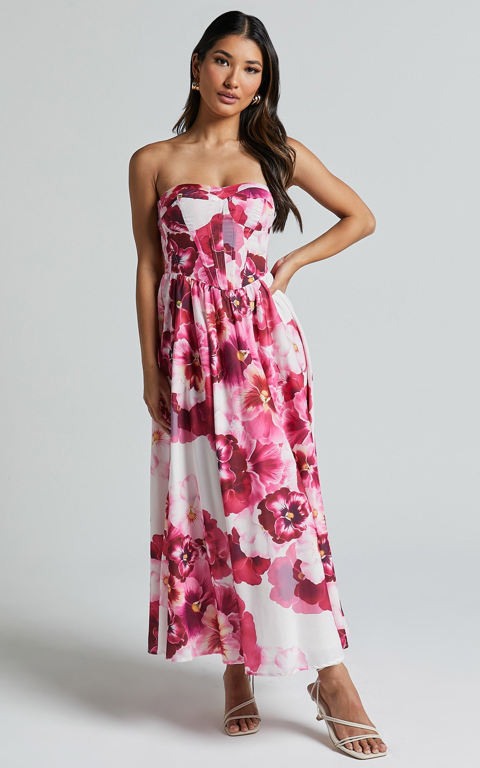 Kaiden Midi Dress - Strapless Fit and Flare in Fiesta Floral Pink