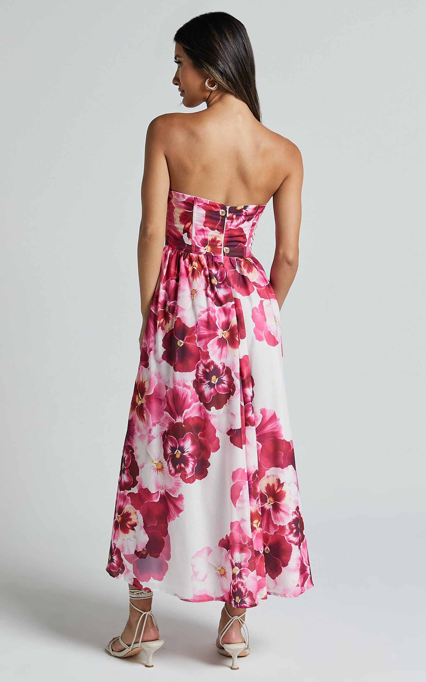 Kaiden Midi Dress - Strapless Fit and Flare in Fiesta Floral Pink