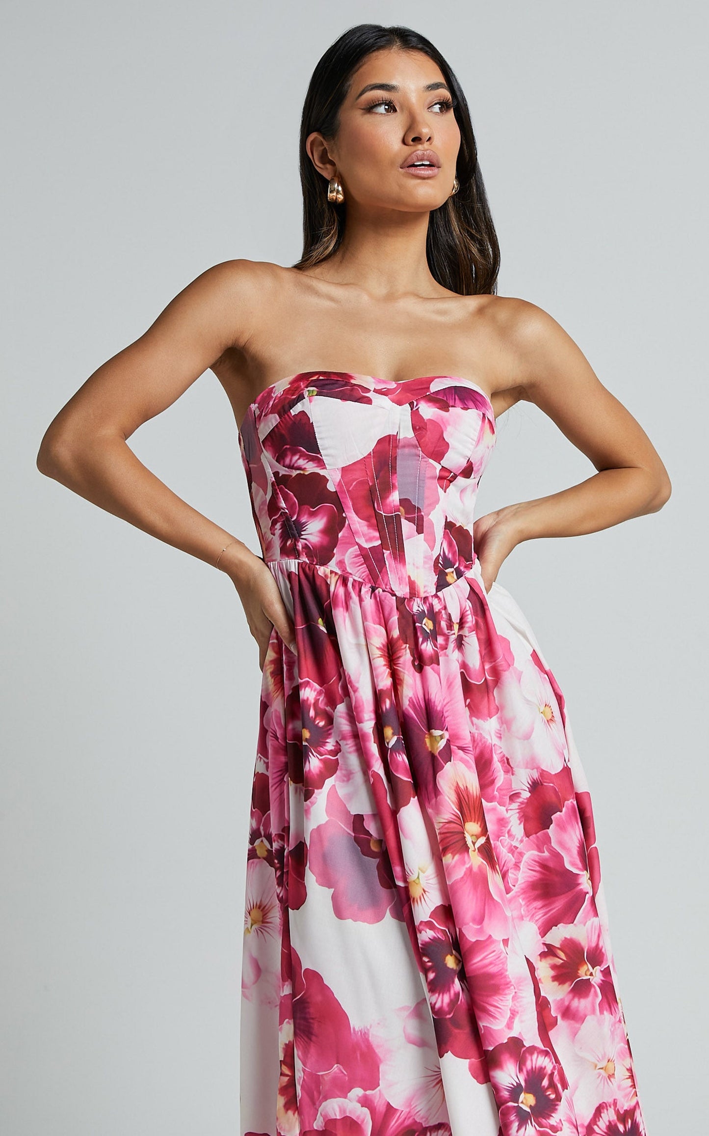 Kaiden Midi Dress - Strapless Fit and Flare in Fiesta Floral Pink