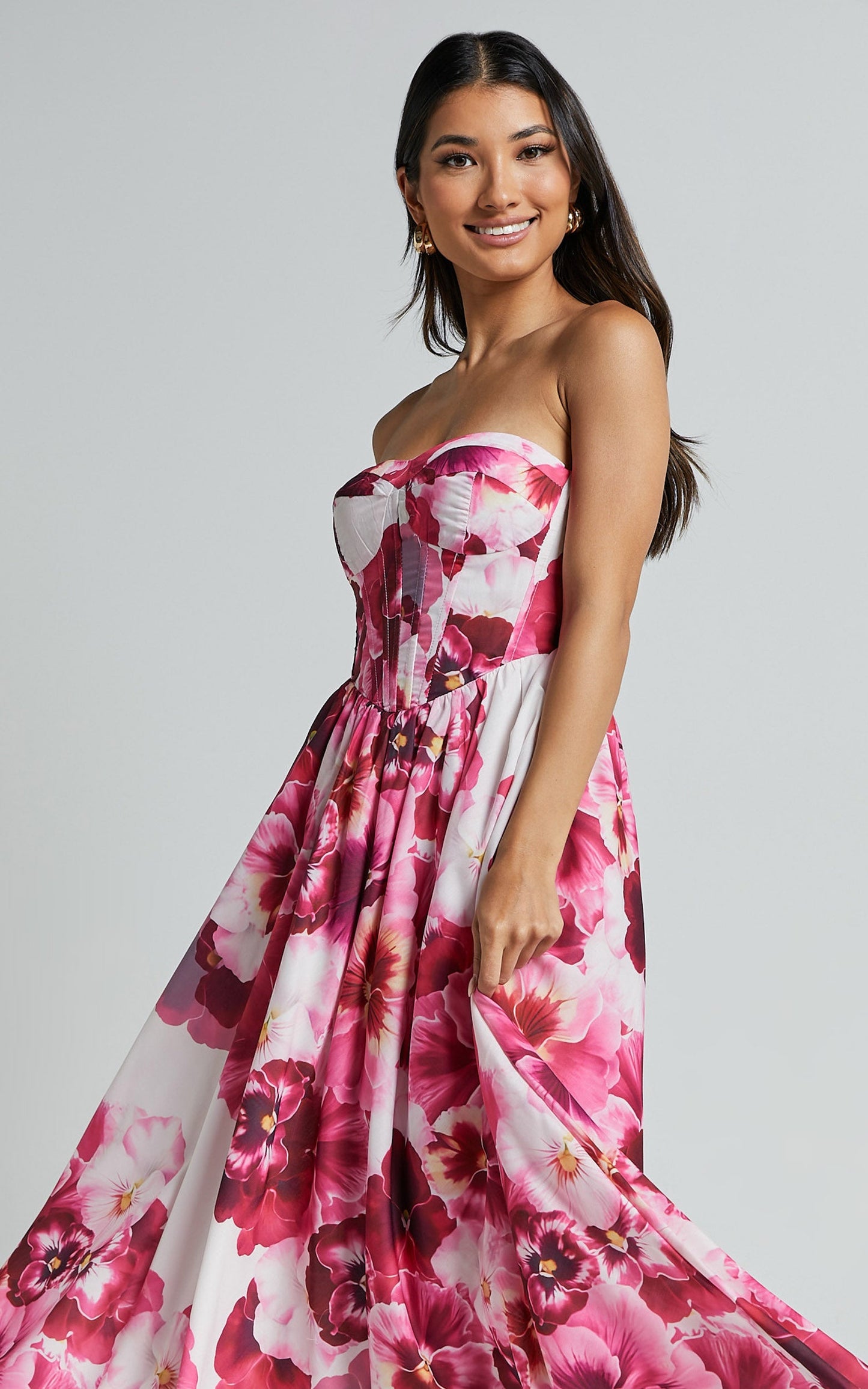 Kaiden Midi Dress - Strapless Fit and Flare in Fiesta Floral Pink