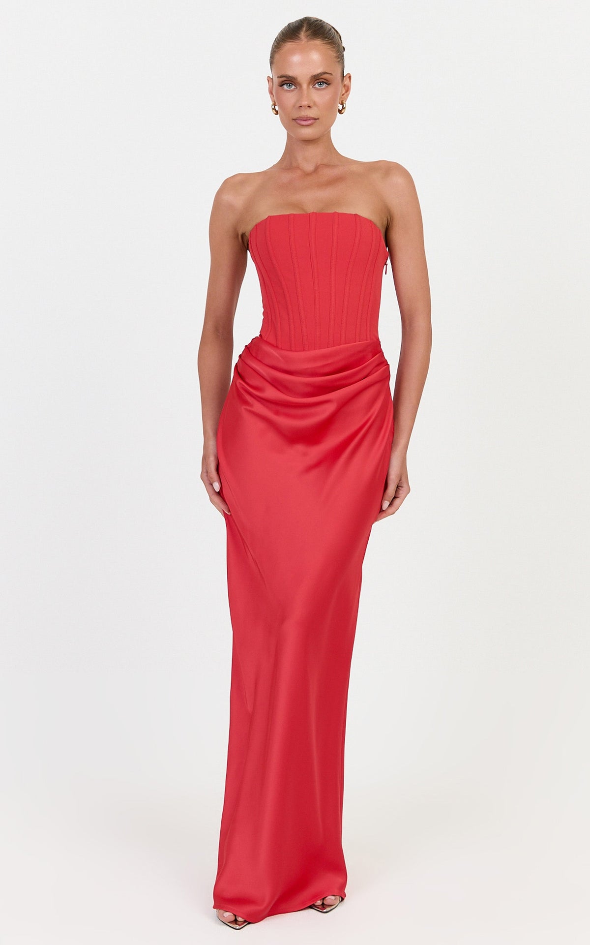Kailani Maxi Dress - Strapless Corset Bodice Lace Up Back Dress in Red