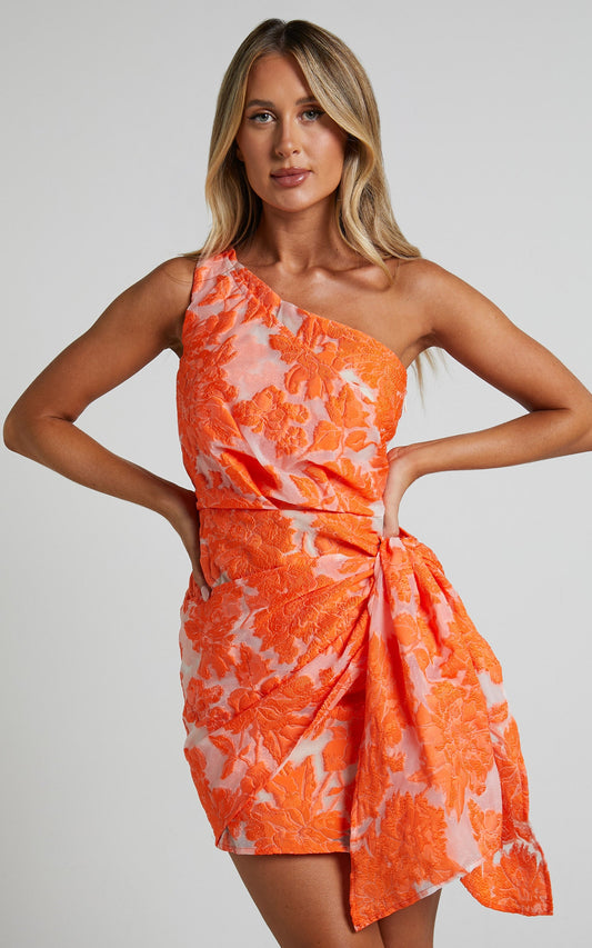 Kailey Mini Dress - One Shoulder Wrap Front Dress in Orange & Beige Jacquard