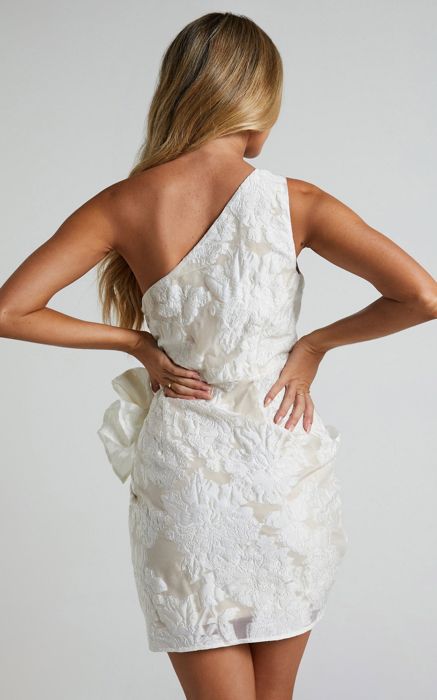 Kailey Mini Dress - One Shoulder Wrap Front Dress in White & Beige Jacquard