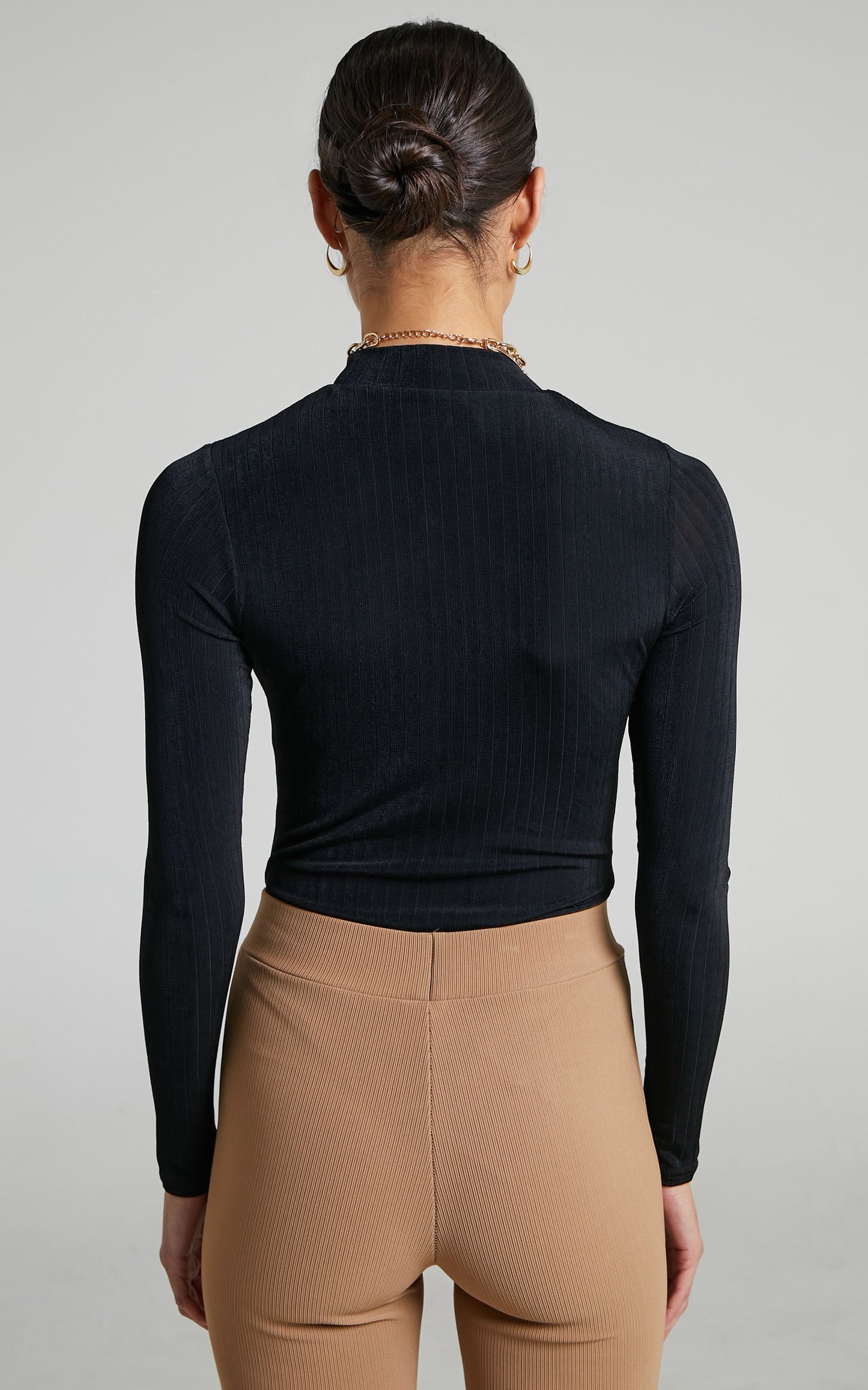 Kaimi High Neck Long Sleeves Ribbed Bodysuit in Black