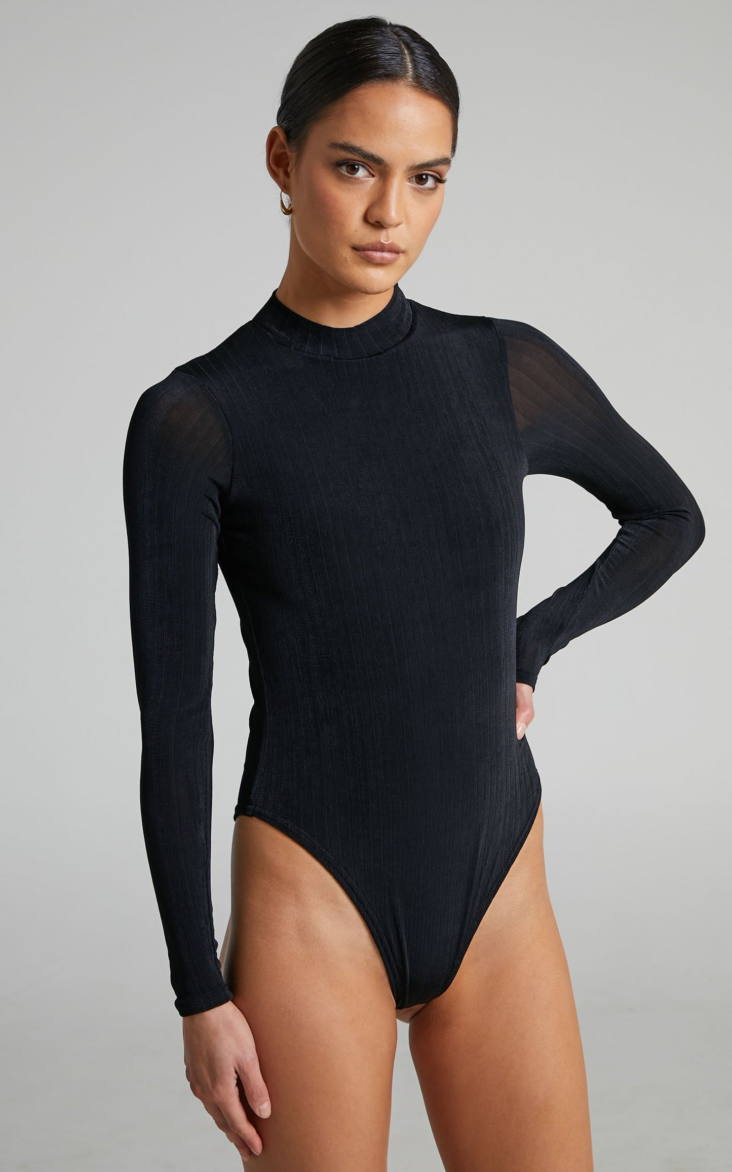 Kaimi High Neck Long Sleeves Ribbed Bodysuit in Black