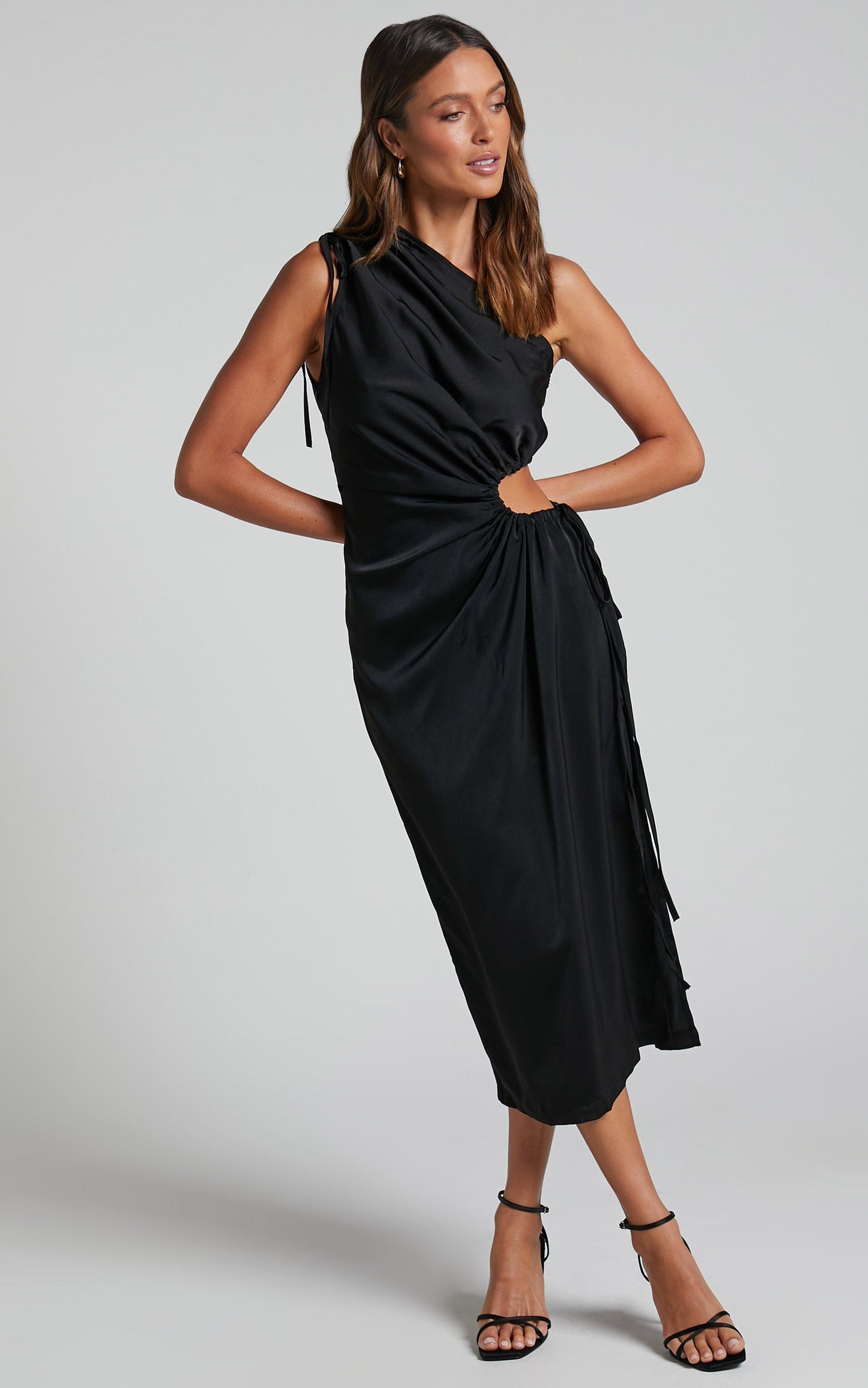 Kaipo Midi Dress - One Shoulder Tie Up Side Cut Out Dress in Black