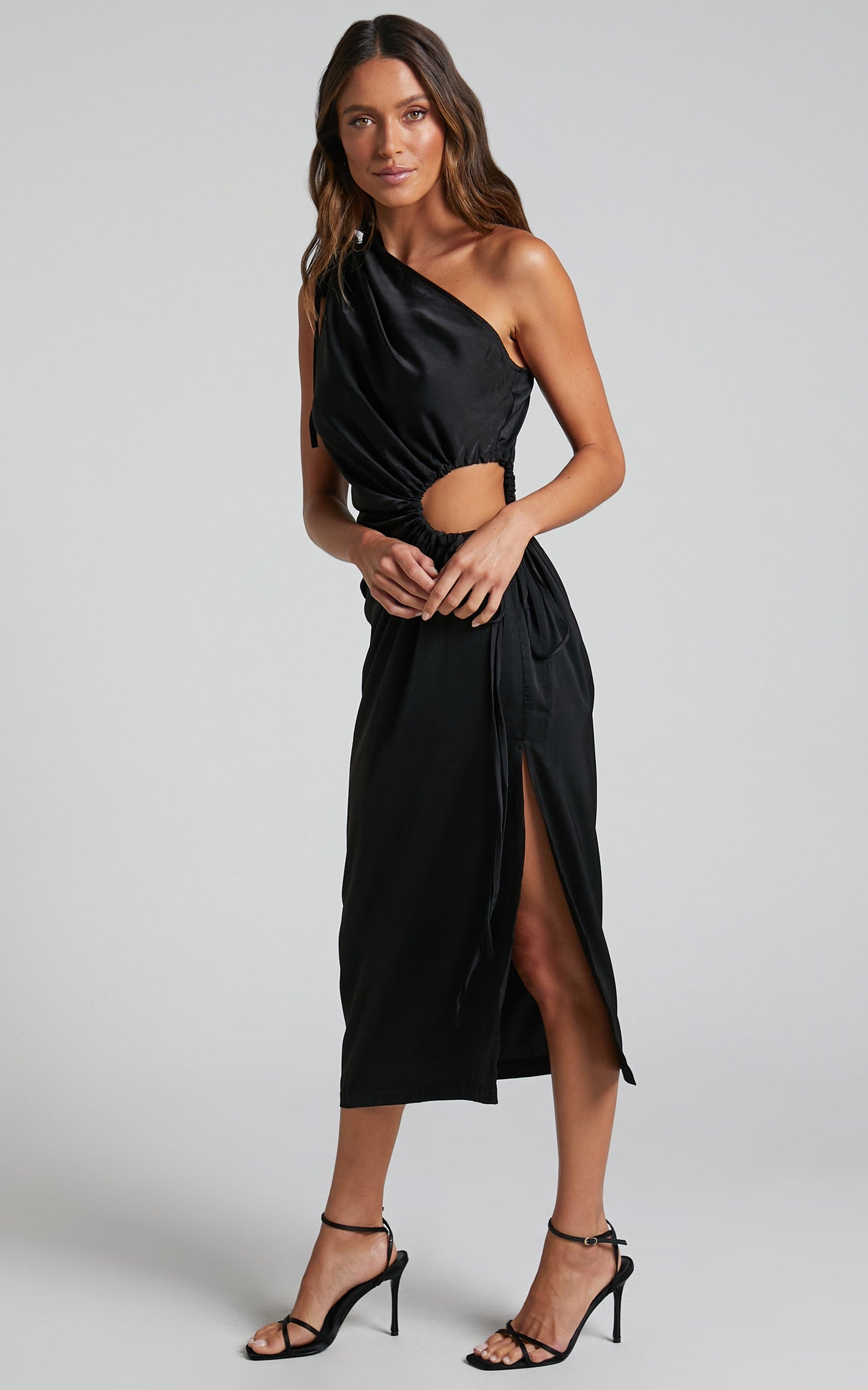 Kaipo Midi Dress - One Shoulder Tie Up Side Cut Out Dress in Black
