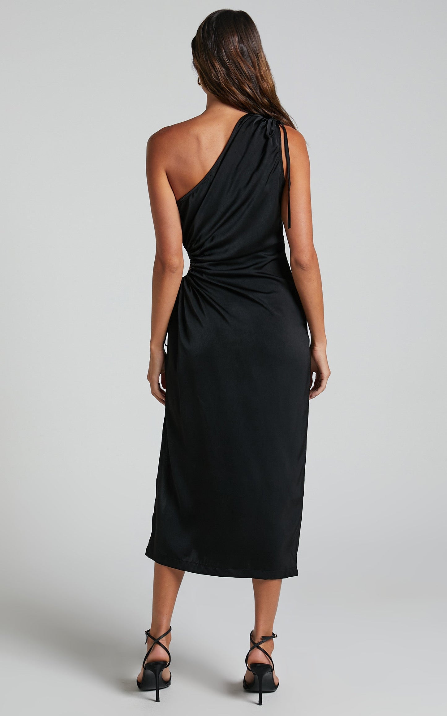 Kaipo Midi Dress - One Shoulder Tie Up Side Cut Out Dress in Black
