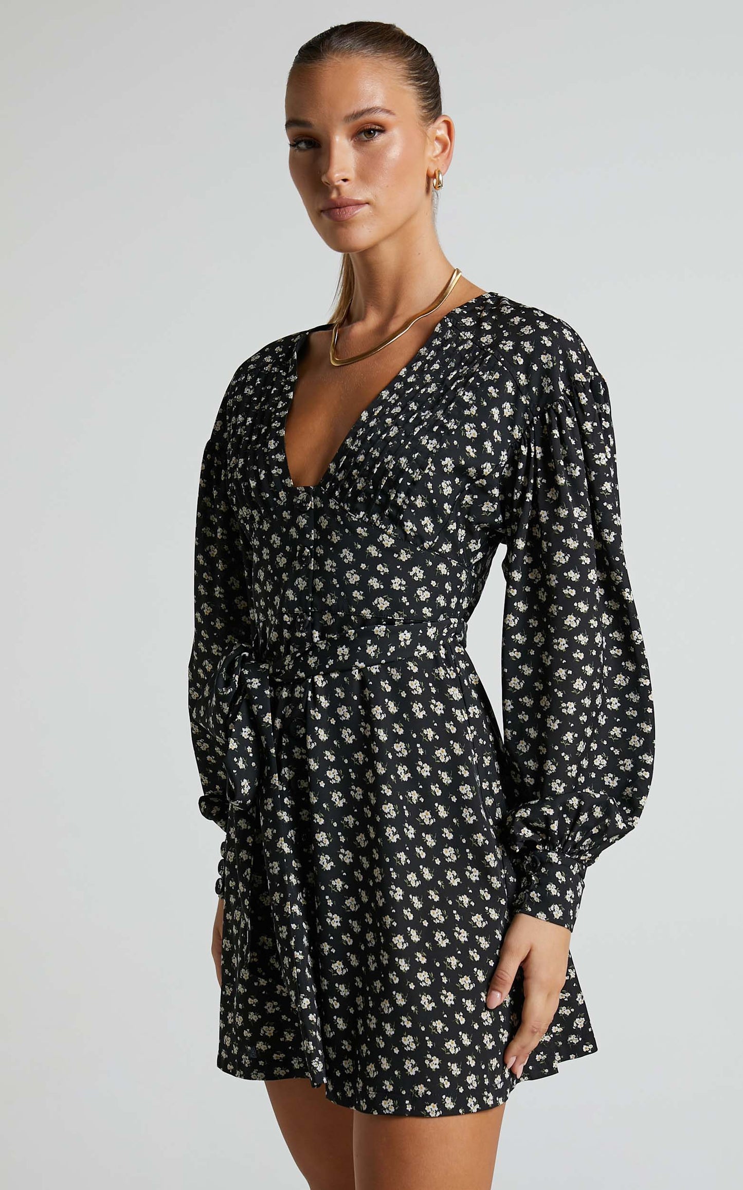 Kakai Mini Dress - Long Sleeve Button Up Tie Front Dress in Black Floral