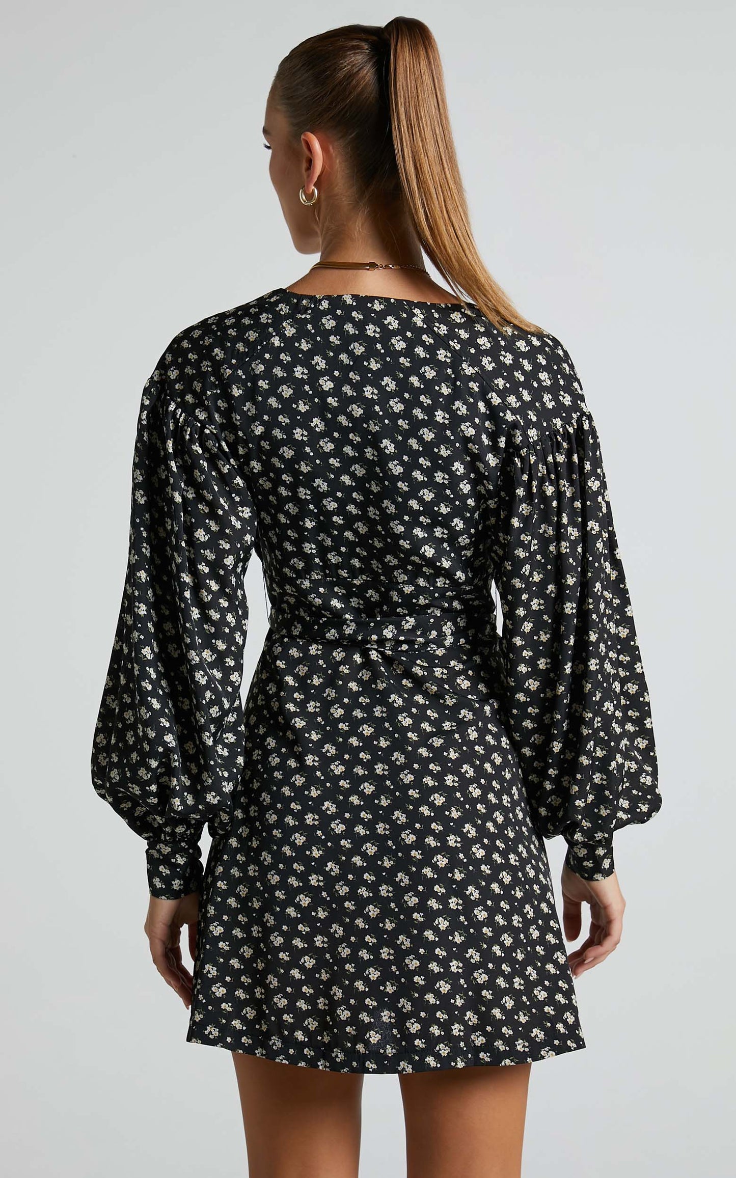 Kakai Mini Dress - Long Sleeve Button Up Tie Front Dress in Black Floral
