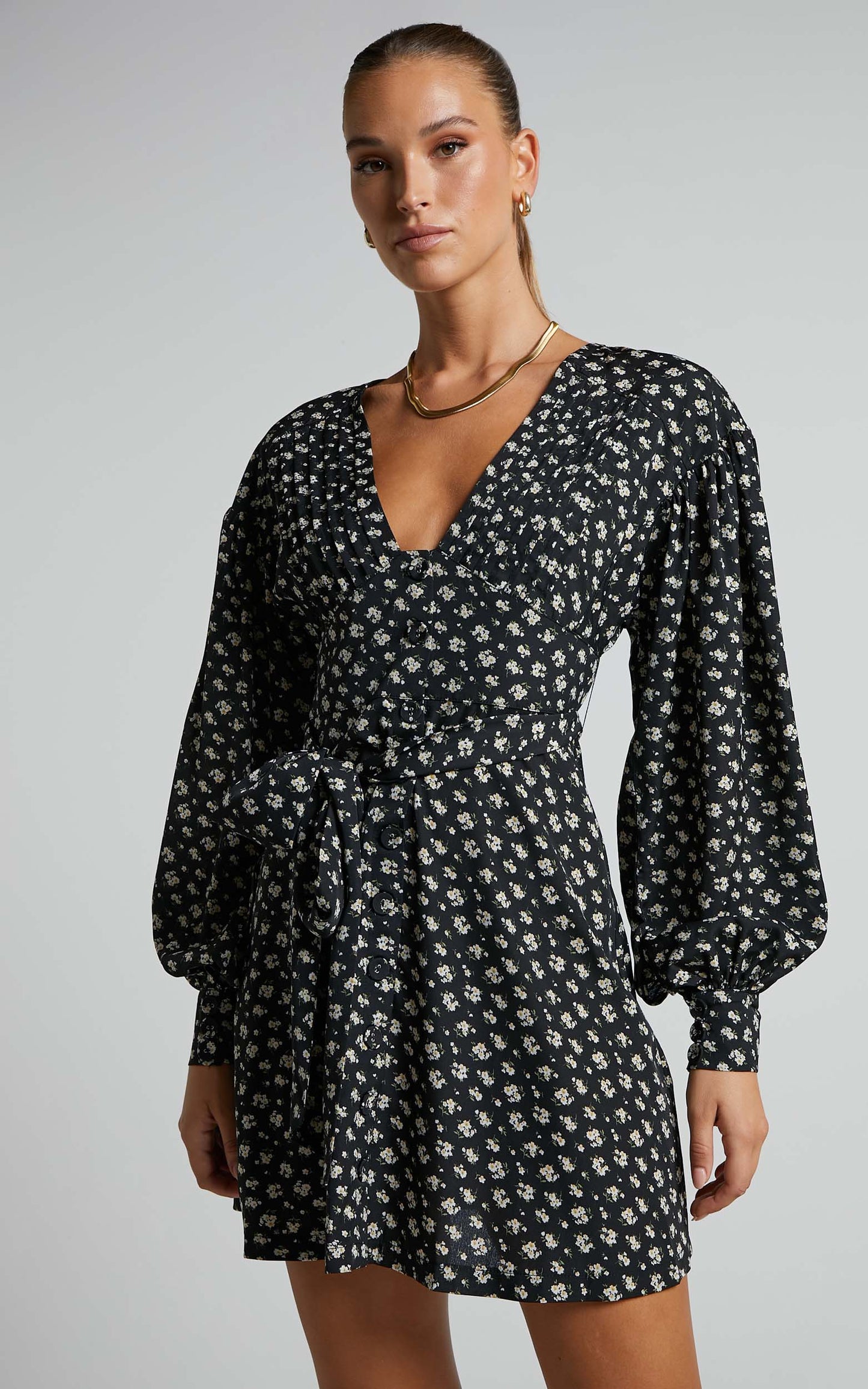 Kakai Mini Dress - Long Sleeve Button Up Tie Front Dress in Black Floral