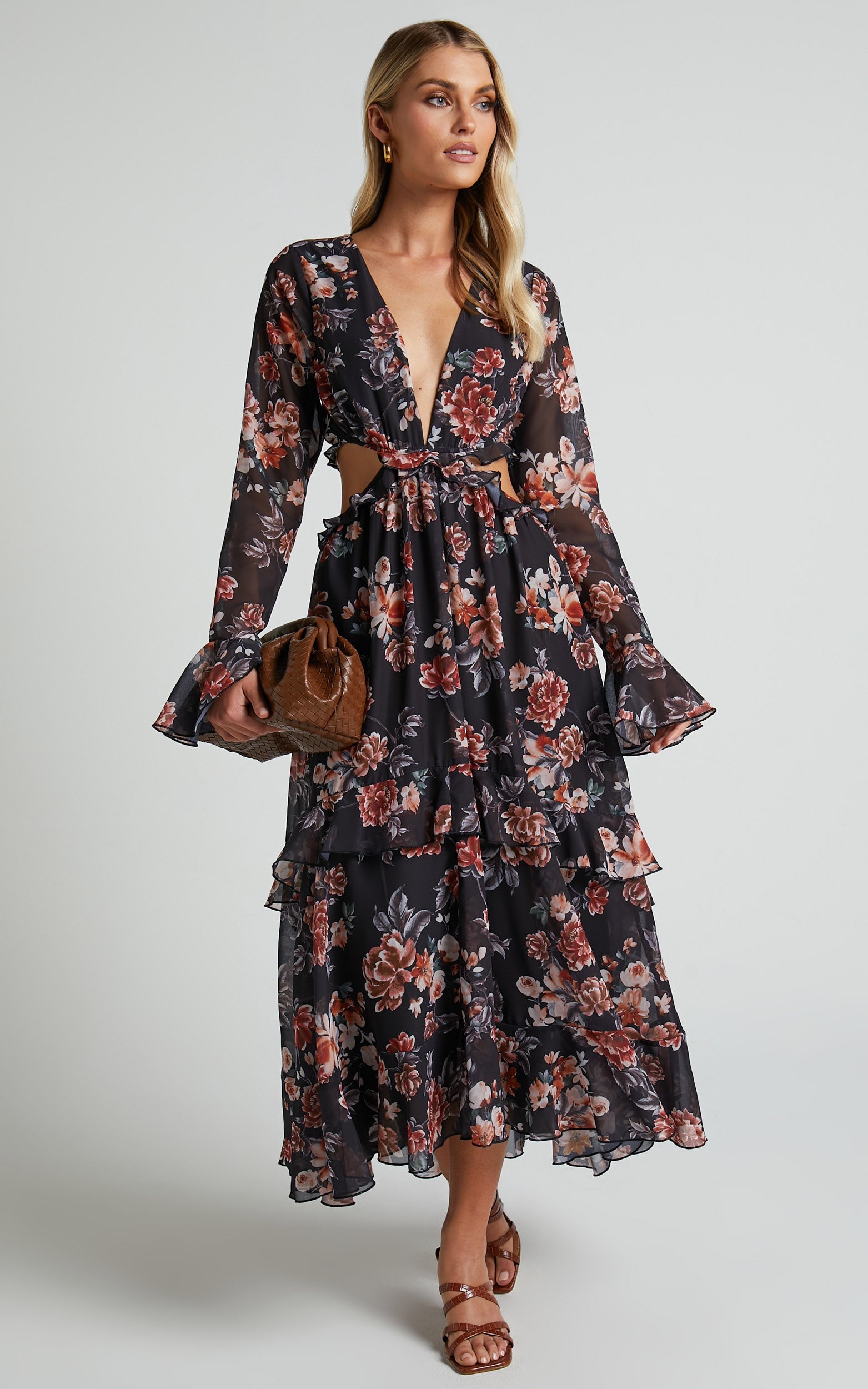 Kakai Midi Dress - Plunge Front Long Sleeve Ruffled Dress in Black Floral