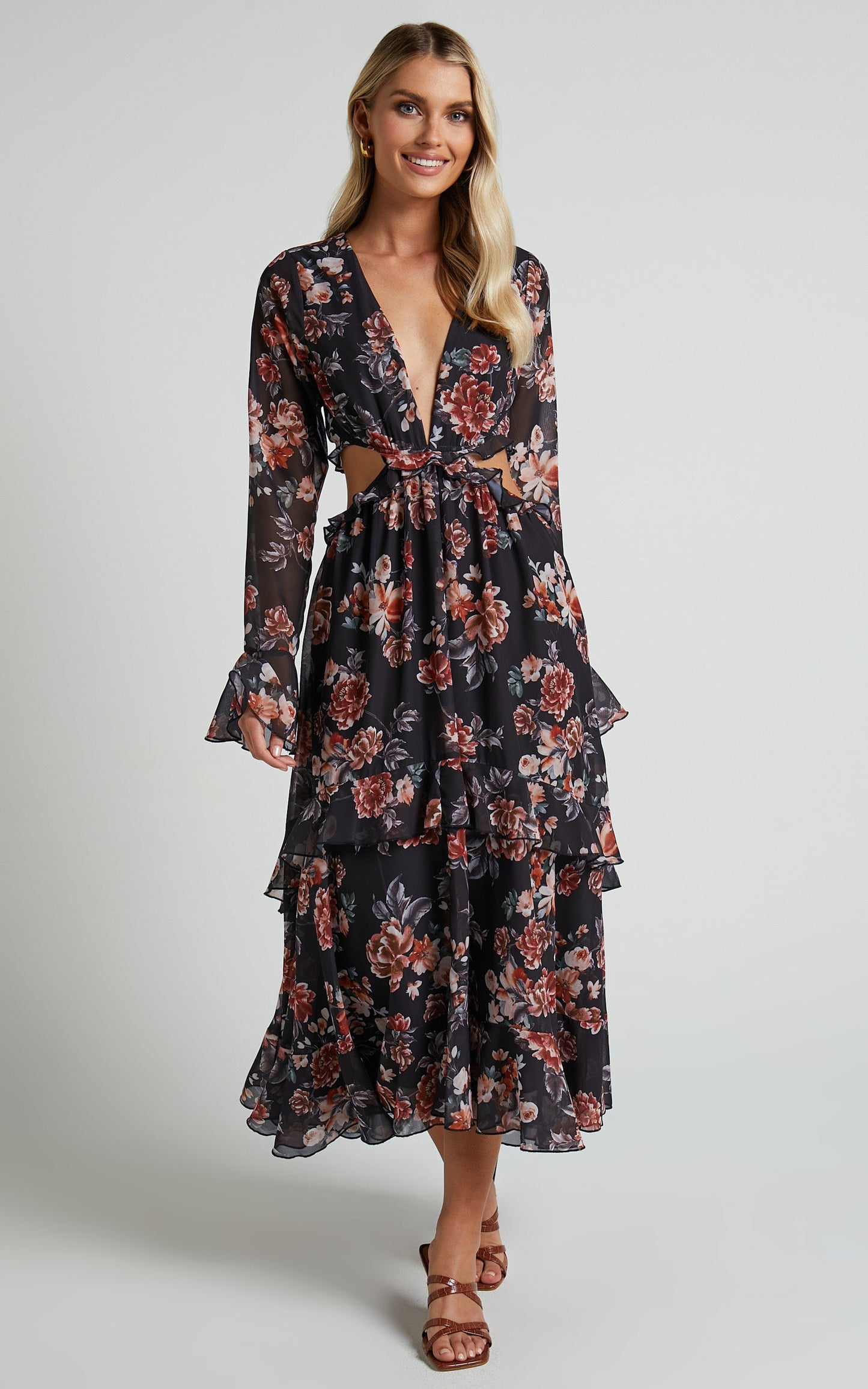 Kakai Midi Dress - Plunge Front Long Sleeve Ruffled Dress in Black Floral
