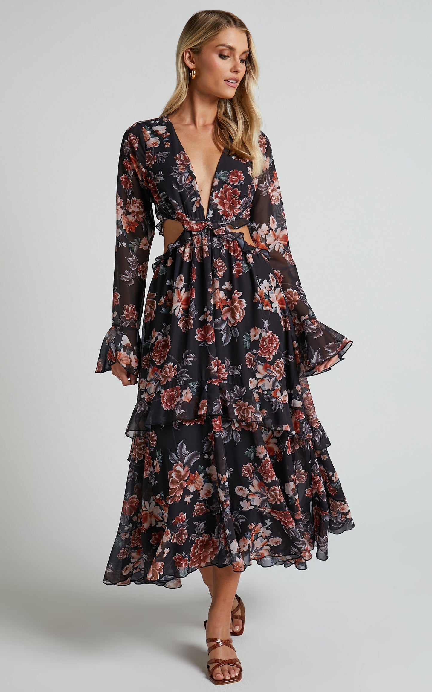 Kakai Midi Dress - Plunge Front Long Sleeve Ruffled Dress in Black Floral