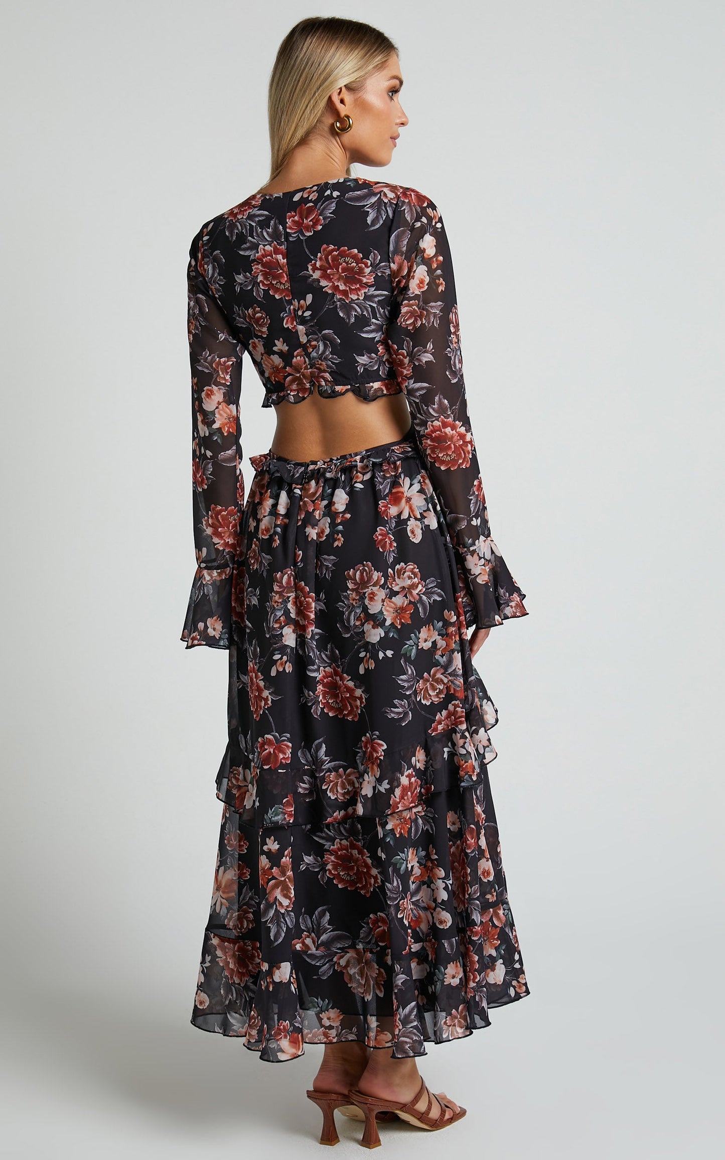 Kakai Midi Dress - Plunge Front Long Sleeve Ruffled Dress in Black Floral
