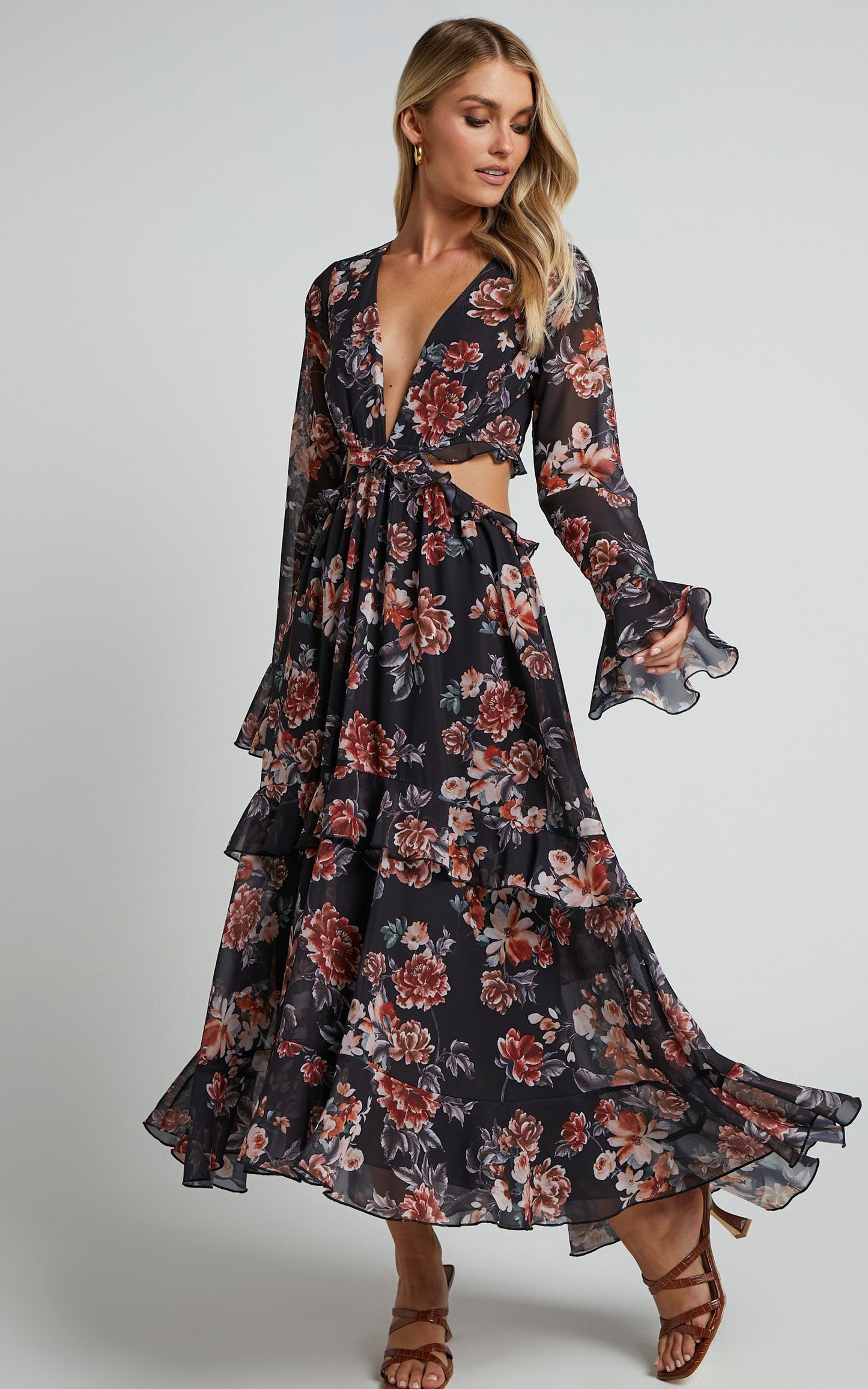 Kakai Midi Dress - Plunge Front Long Sleeve Ruffled Dress in Black Floral