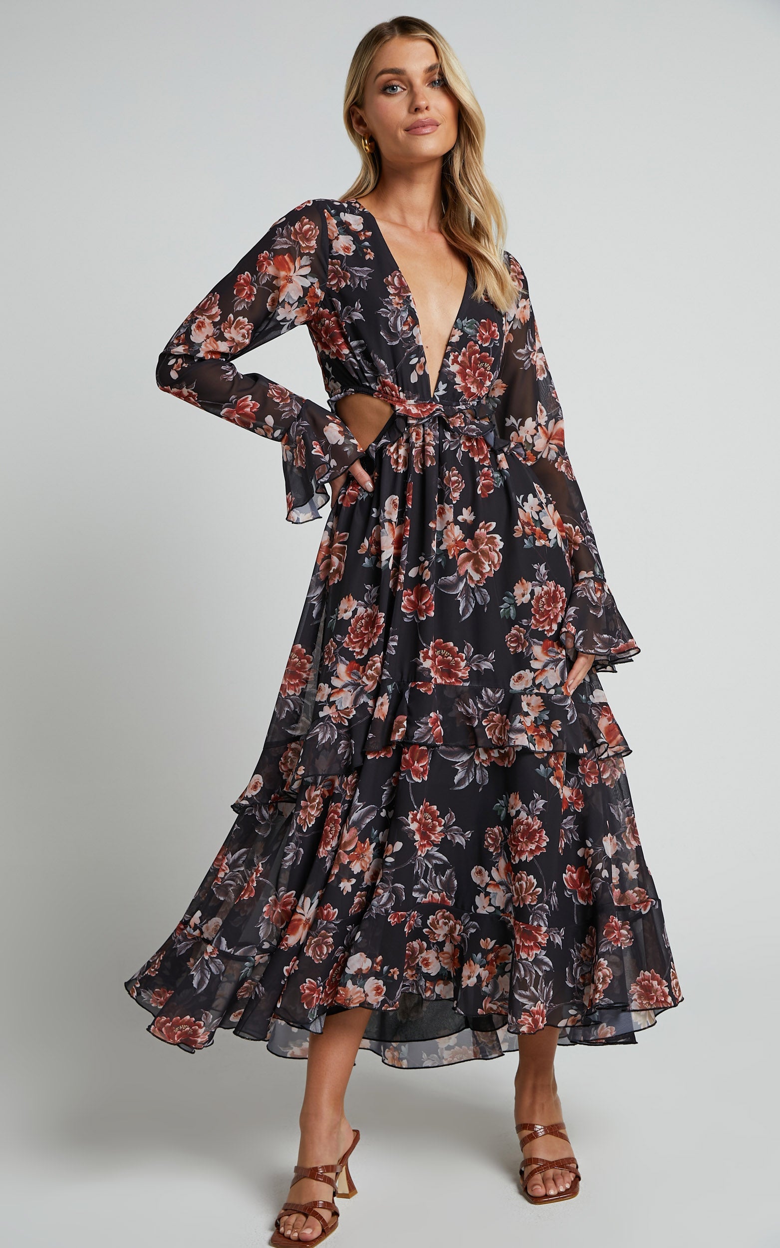 Kakai Midi Dress - Plunge Front Long Sleeve Ruffled Dress in Black Floral